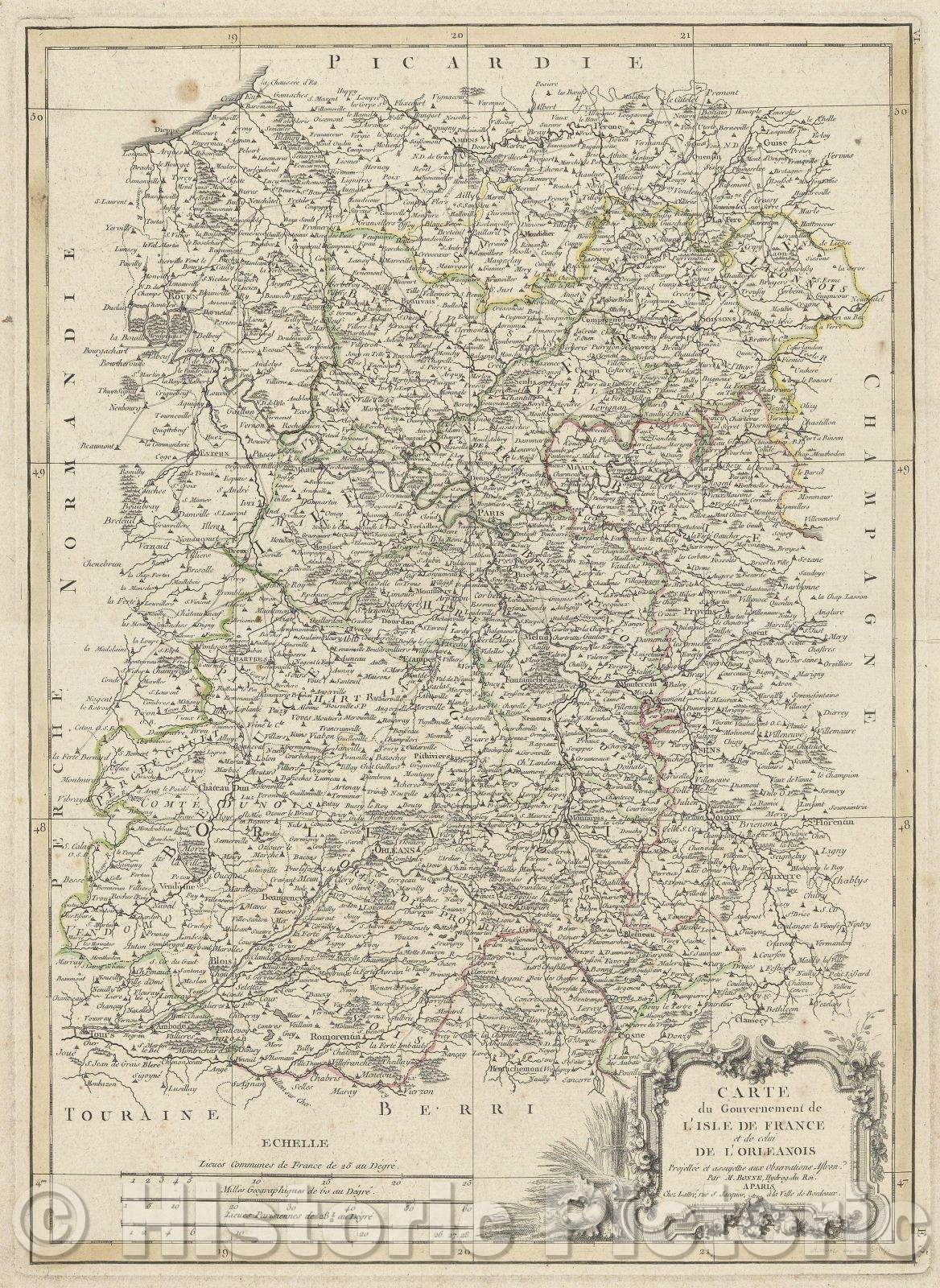 Historic Map : Carte du Gouvernement de l'Isle de France et de celui d'Orleanois Projettee assujettie aux Observations Astron. Par M. Bonne, Hydrog. du Roi. A Paris, 1771 , Vintage Wall Art