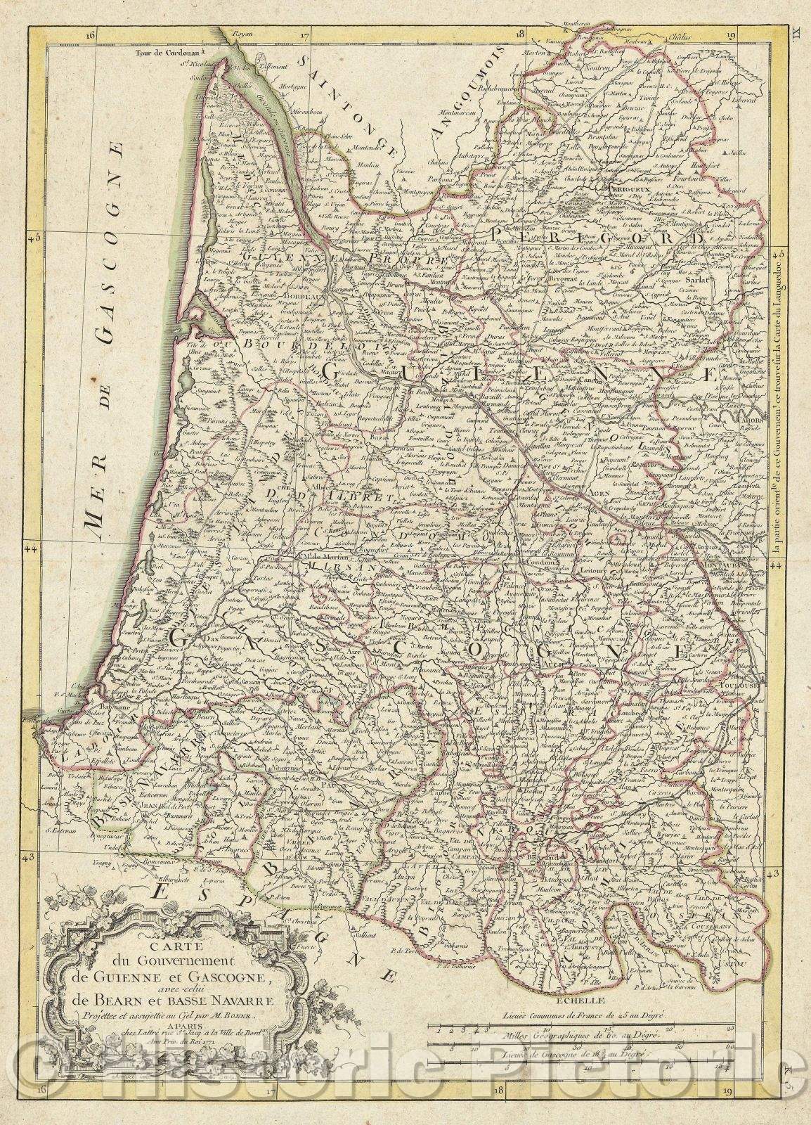 Historic Map : Carte du Gouvernement de Guienne et Gascogne, avec celui de Bearn et Basse Navarre Projettee et assujettie au Gel par M. Bonne. A Paris chez Lattre, 1771 , Vintage Wall Art