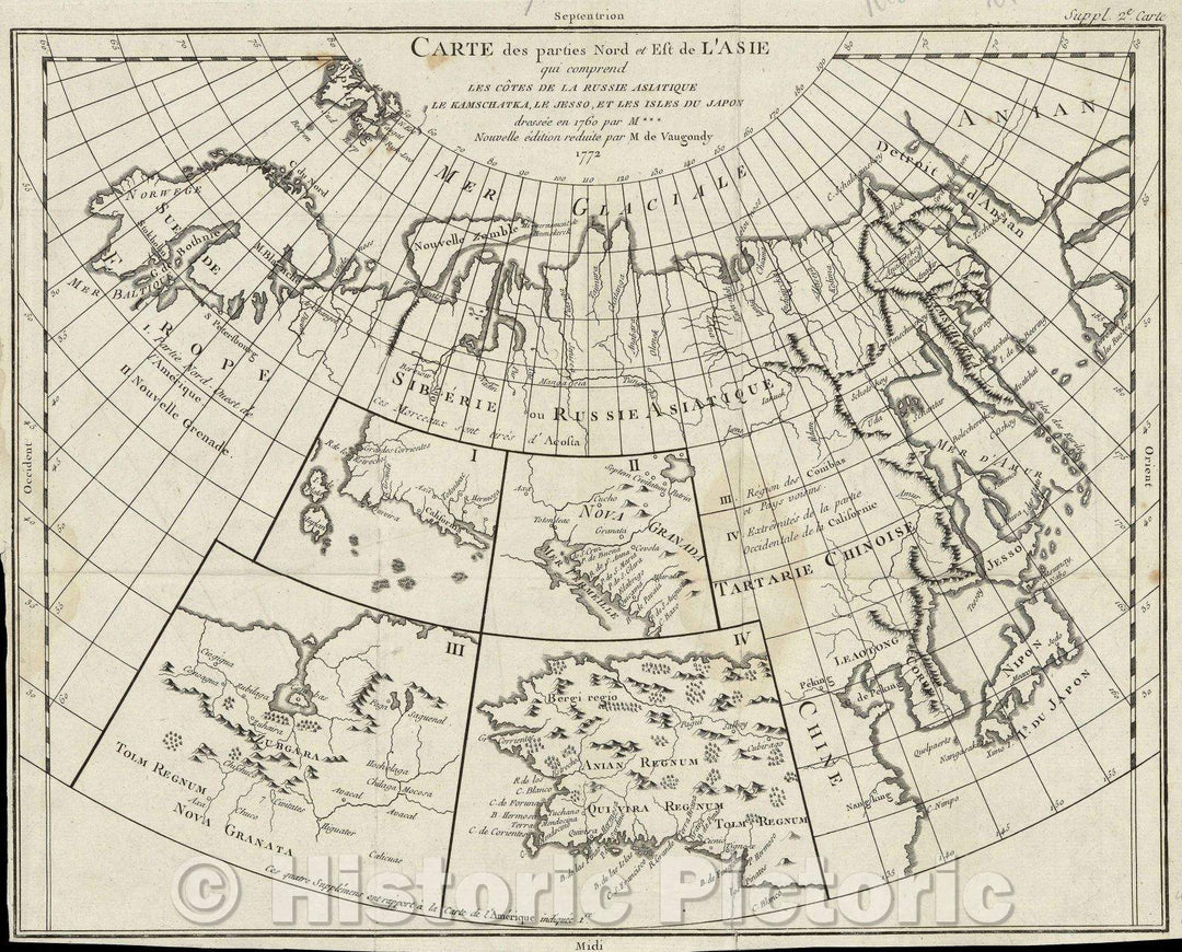 Historic Map : Carte des parties Nord et Est de l'Asie qui comprend les Cotes de la Russie Asiatique Le Kamschatka, le Jesso, et les Isles du Japon dressee en 1760, 1772 , Vintage Wall Art