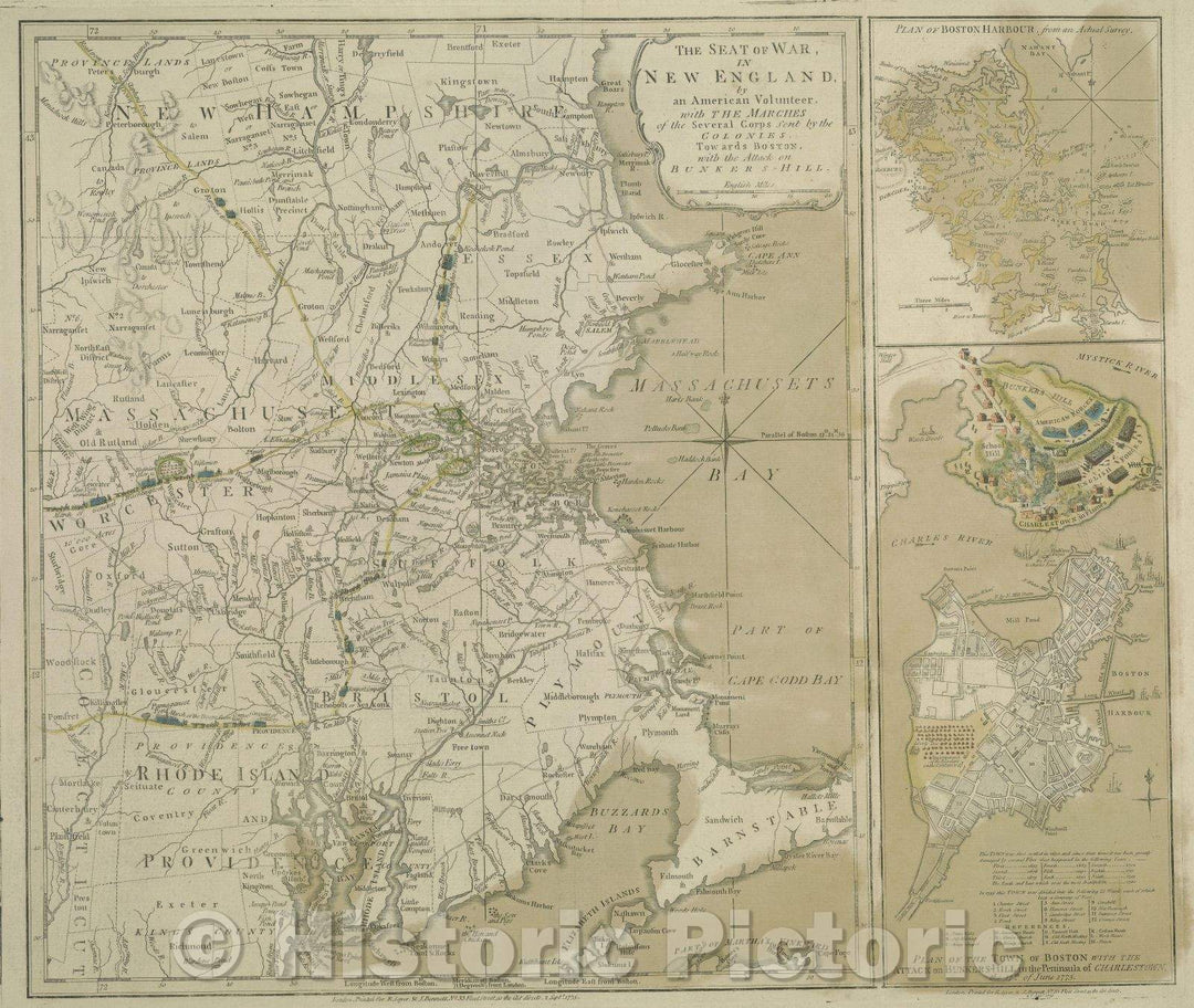 Historic Map : The Seat of War in New England by an American Volunteer with the Marches of the Several Corps sent by the Colonies Towards Boston with the Attack, 1775 , Vintage Wall Art