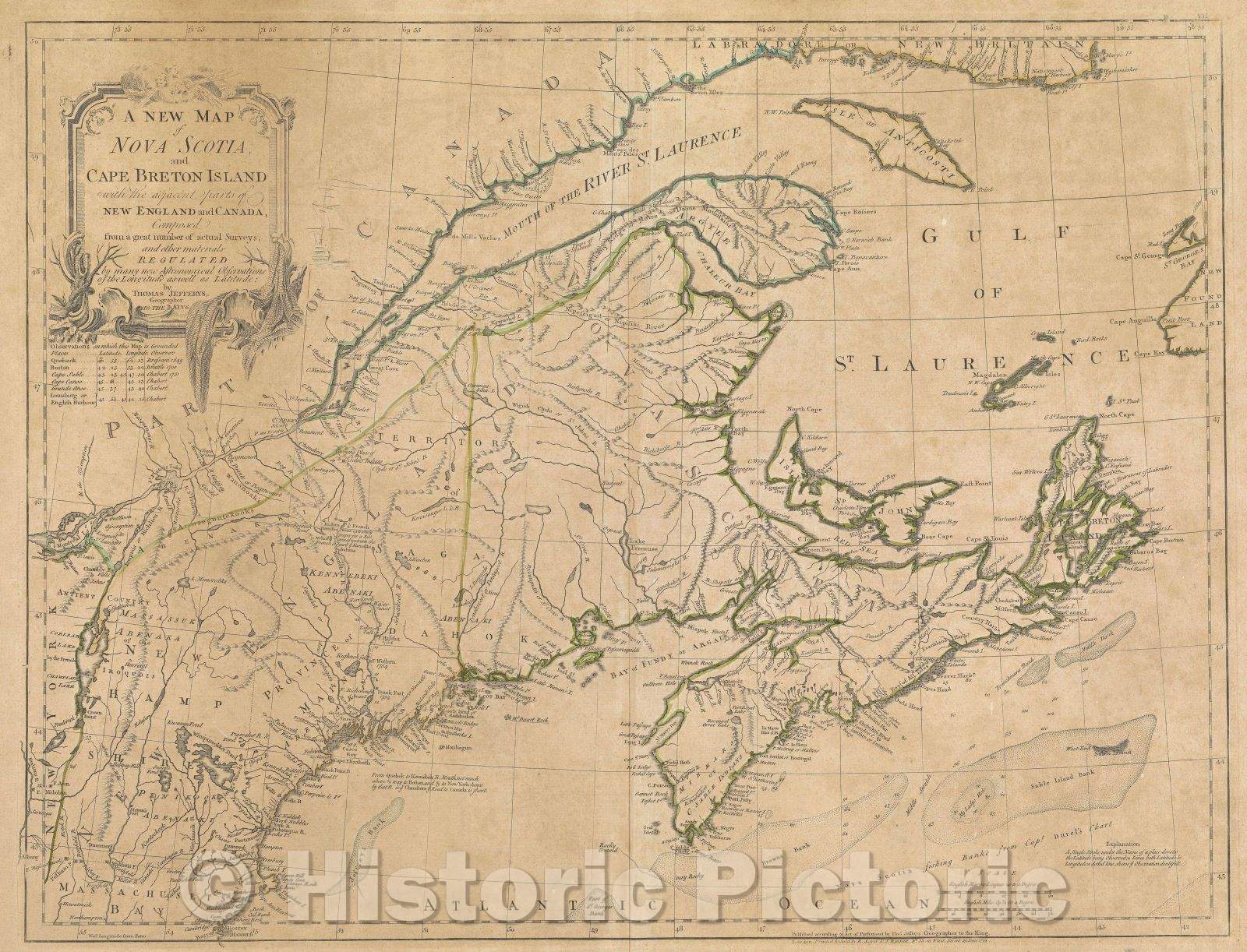 Historic Map : A New Map of Nova Scotia and Cape Breton Island with the adjacent parts of New England and Canada composed from a great number of actual surveys, 1775 , Vintage Wall Art