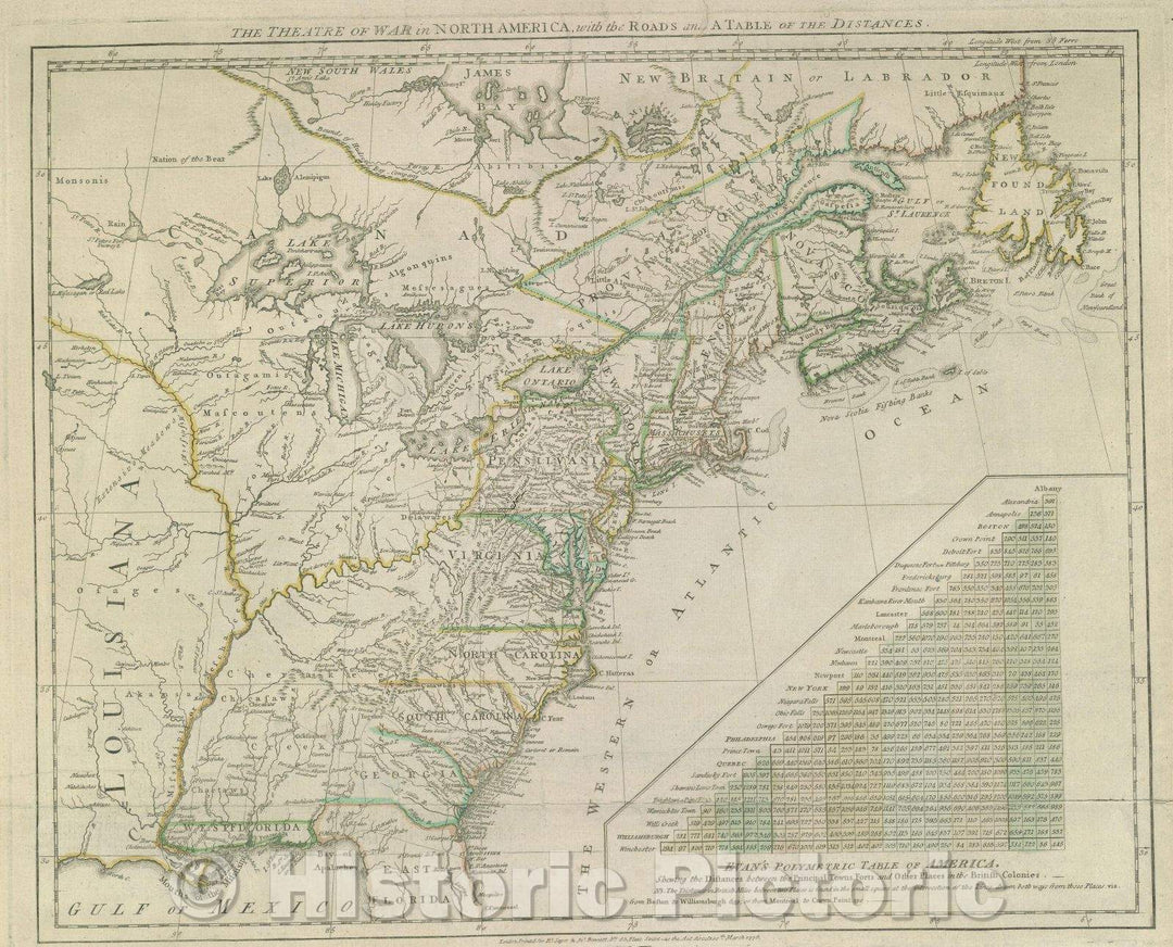 Historic Map : The Theatre of War in North America, with the Roads and a Table of the Distances., 1776 , Vintage Wall Art