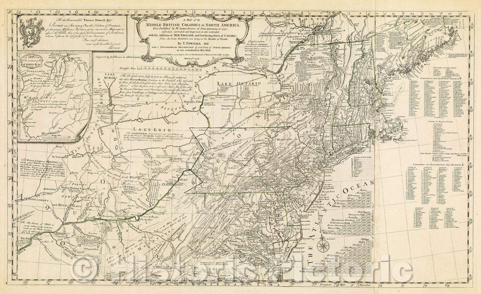 Historic Map : A Map of the Middle British Colonies in North America. First published by Mr. Lewis Evans, of Philadelphia, in 1755, 1776 , Vintage Wall Art