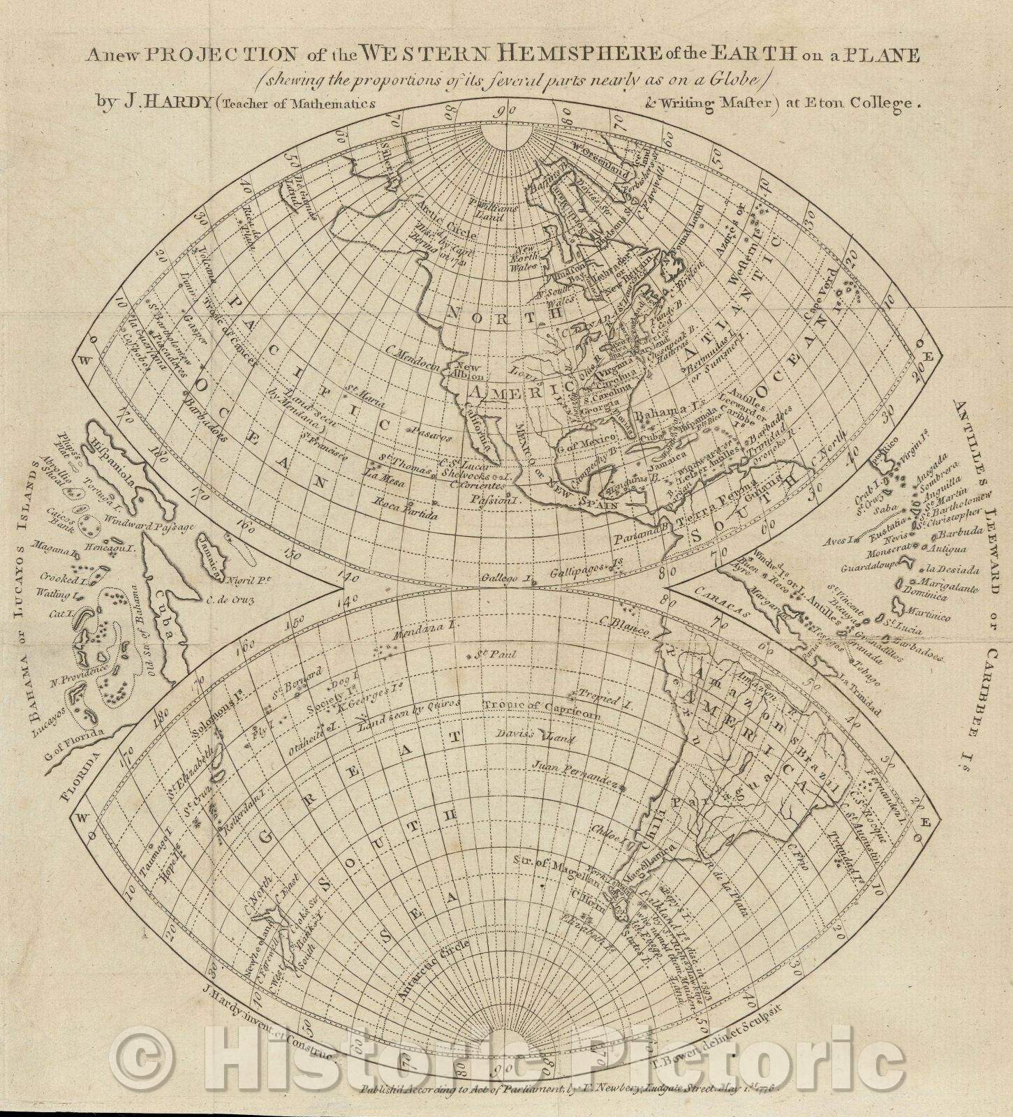 Historic Map : A new projection of the Western Hemisphere of the Earth on a plane : (shewing the proportions of its several parts nearly as on a globe) , 1776 , Vintage Wall Art