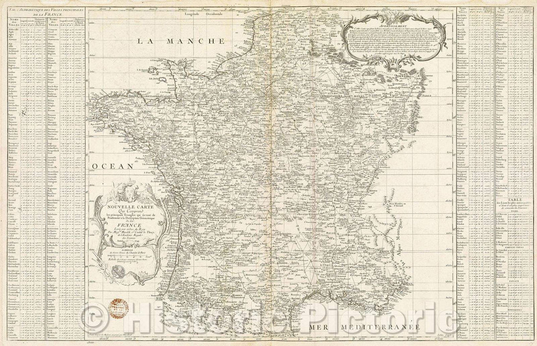 Historic Map : Nouvelle Carte Qui Comprend les principaux Triangles qui servent de Fondement a la Description Geometrique de la France Levee, c. 1764 , Vintage Wall Art