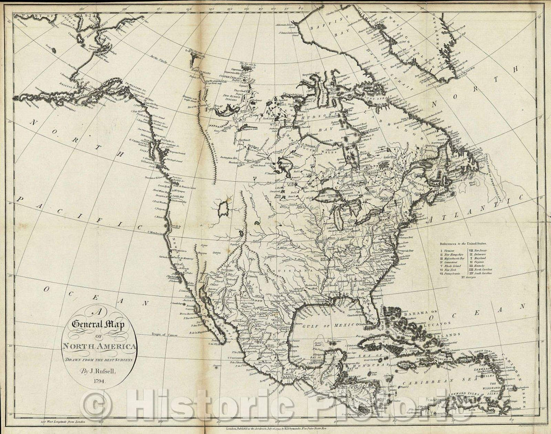 Historic Map : A General Map of North America, Drawn from the Best Surveys. By J. Russell, 1794., 1794 , Vintage Wall Art , v2