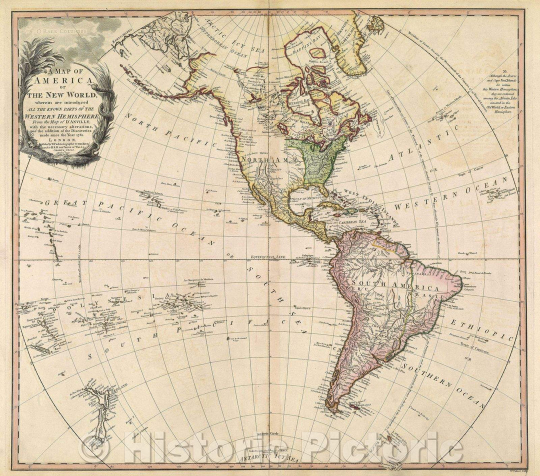 Historic Map : A Map of America, or the New World wherein are introduced all the known parts of the Western Hemisphere from the map of D'Anville, 1797 , Vintage Wall Art