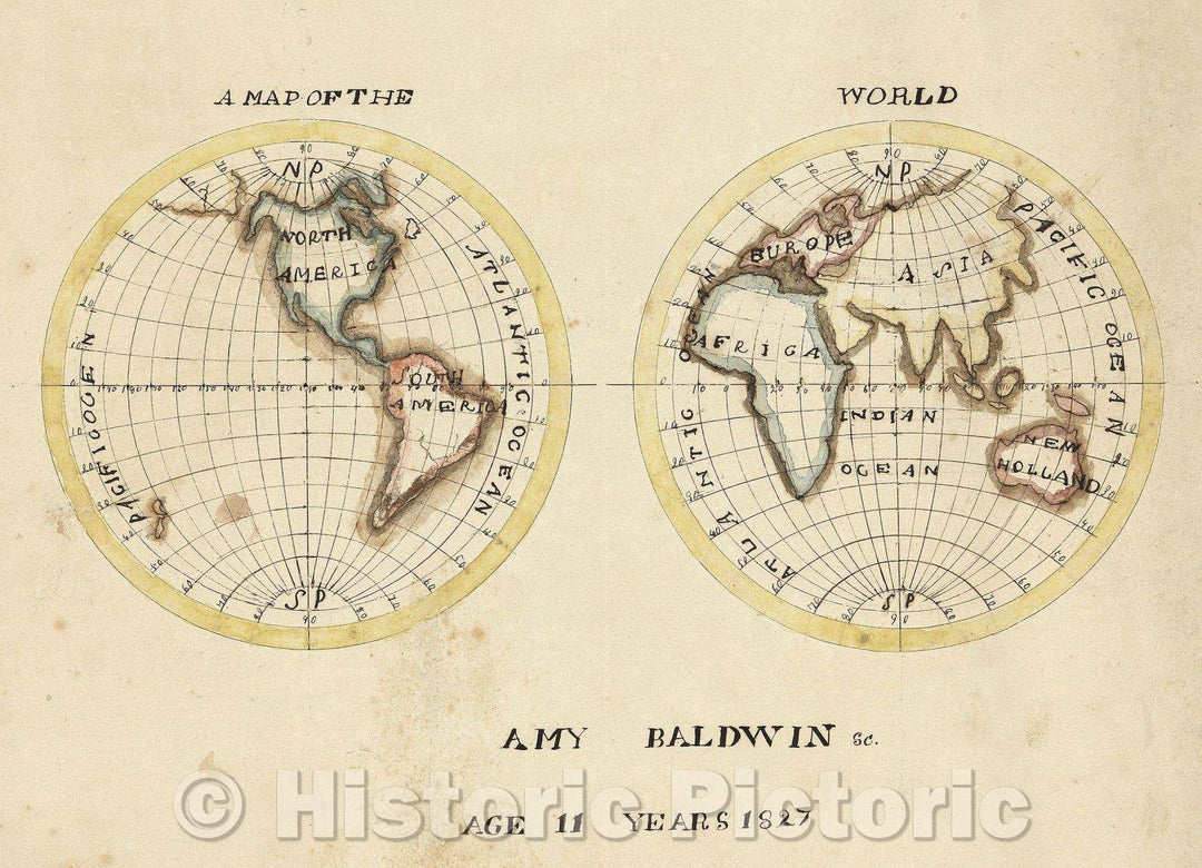 Historic Map : A Map of the World Amy Baldwin Sc. Age 11 Years 1827, 1827 , Vintage Wall Art