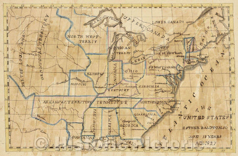 Historic Map : The United States Esther Baldwin Sc. Age 12 Years AD 1827, 1827 , Vintage Wall Art
