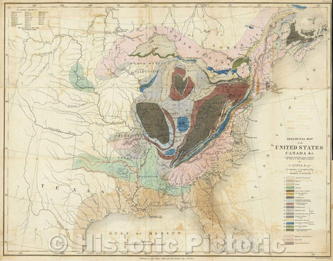 Historic Map : Geological map of the United States, Canada, andc. compiled from the state surveys of the U.S. and other sources by C. Lyell, Esqr., 1845 , Vintage Wall Art