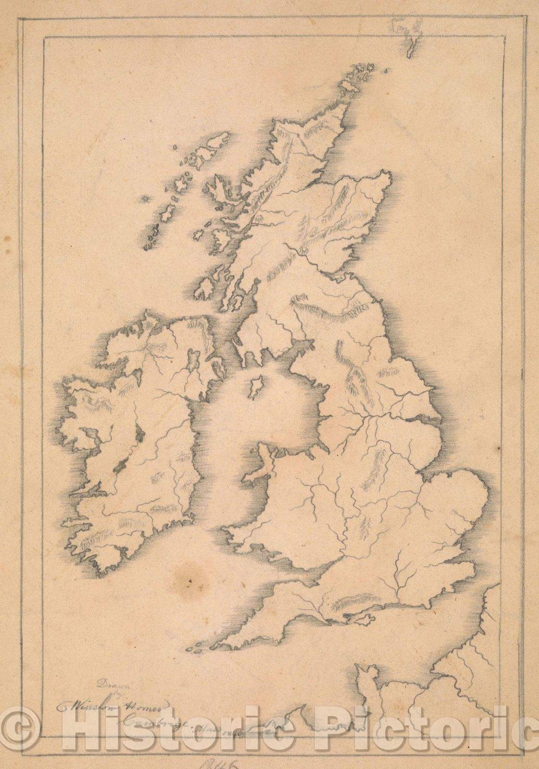 Historic Map : Manuscript pencil drawing of a map of Great Britain, 1846 , Vintage Wall Art