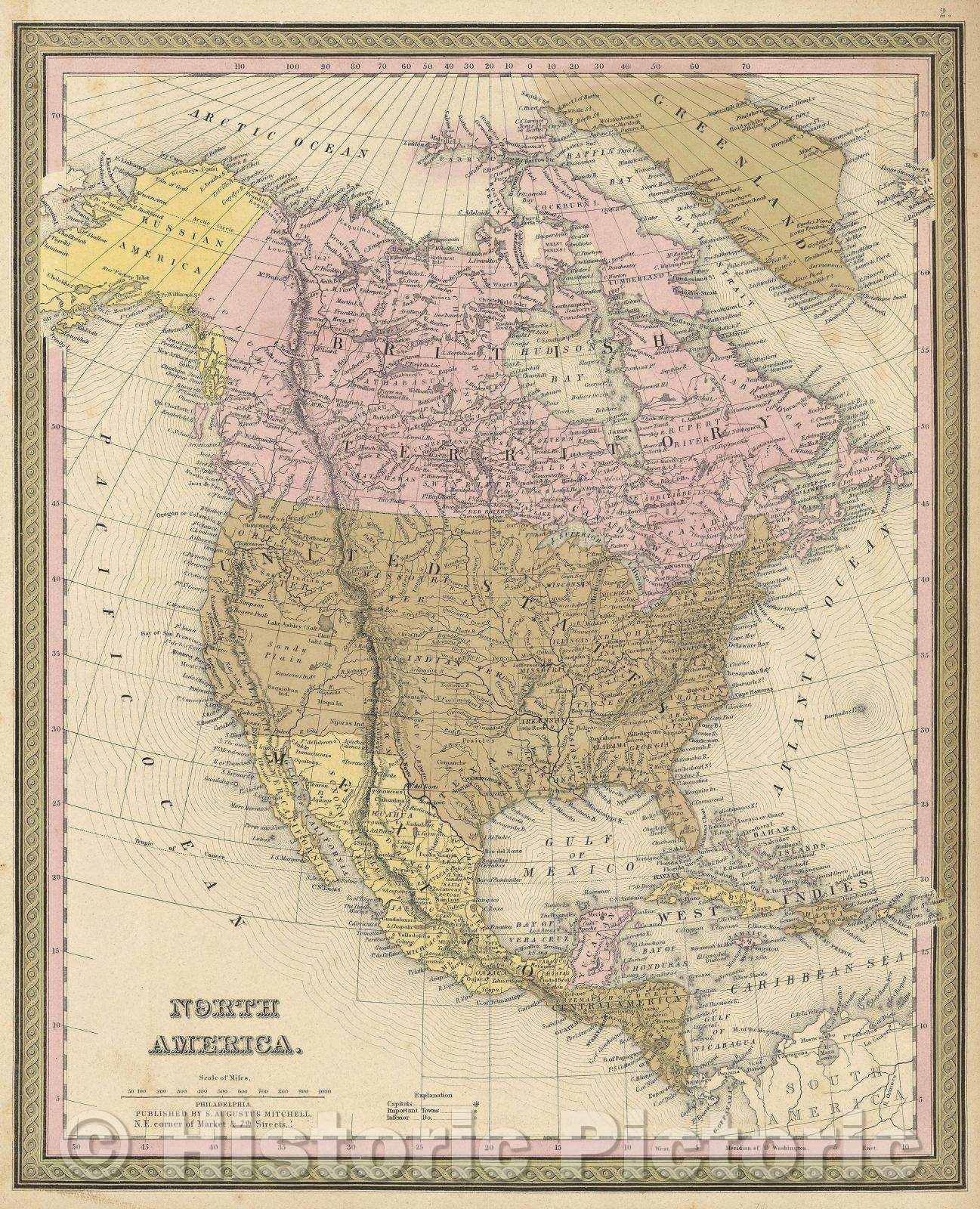 Historic Map : North America. Philadelphia, Published by S. Augustus Mitchell. N.E. corner of Market and 7th Streets,, 1849 , Vintage Wall Art