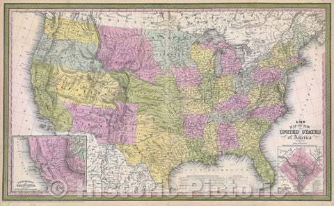 Historic Map : A New Map of the United States of America by J.H. Young, 1850 , Vintage Wall Art