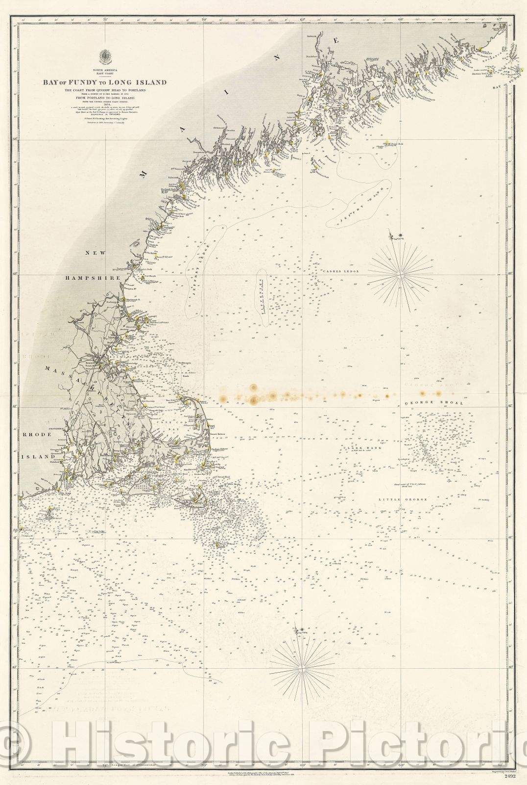 Historic Map : North America East Coast Bay of Fundy to Long Island the Coast from Quoddy Head to Portland from a Survey of M.Des Barres, 1857 , Vintage Wall Art