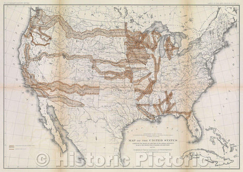 Historic Map : Map of the United States Exhibiting the Grants of Land Made by the General Government to Aid in the Construction of Railroads and Wagon Roads. 1878., 1878 , Vintage Wall Art