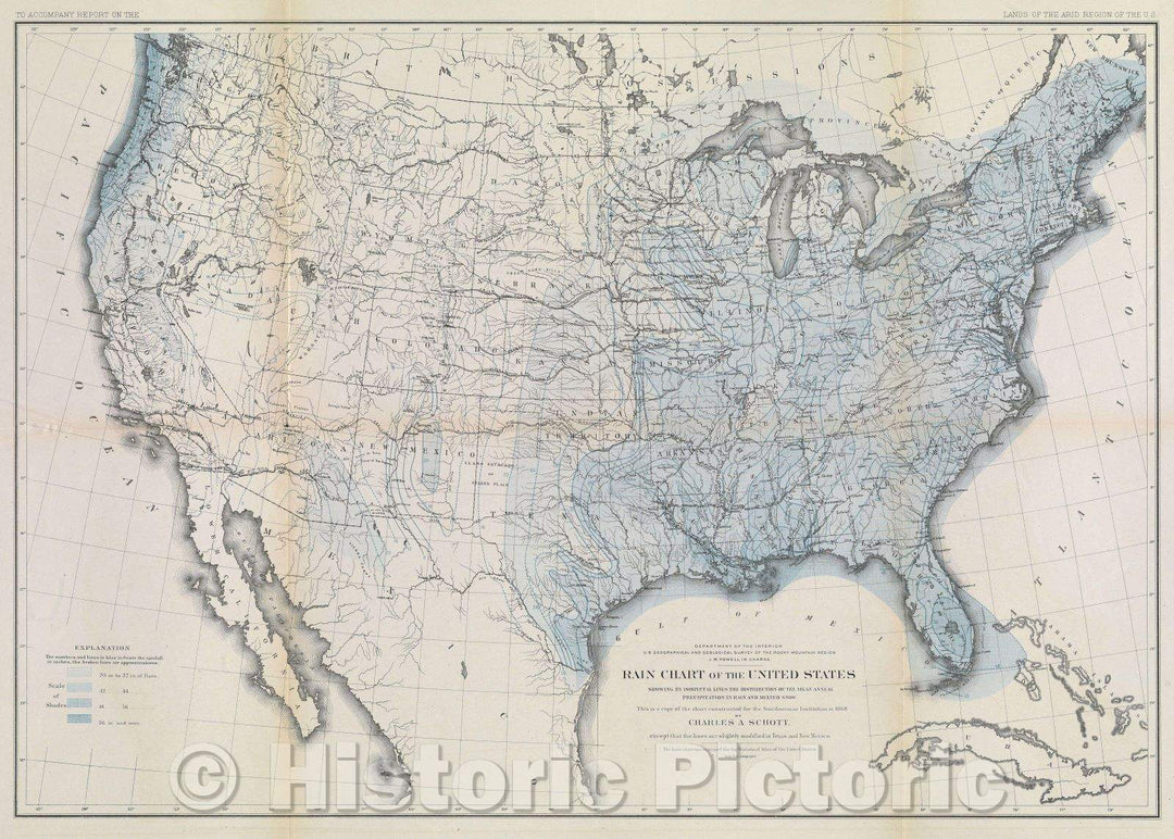 Historic Map : U.S. Geographical and Geological Survey of the Rocky Mountain Region. J. W. Powell, in charge. Rain Chart of the United Sta, c. 1873 , Vintage Wall Art