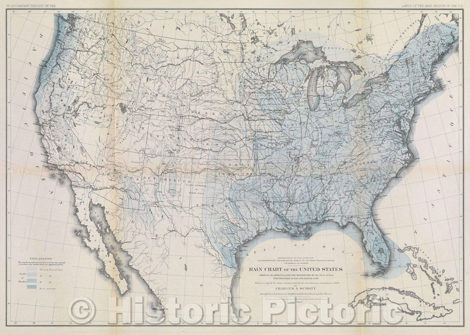 Historic Map : U.S. Geographical and Geological Survey of the Rocky Mountain Region. J. W. Powell, in charge. Rain Chart of the United Sta, c. 1873 , Vintage Wall Art