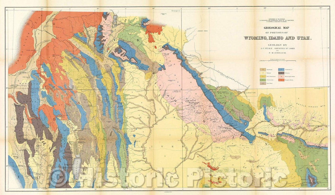 Historic Map : Geological Map of Portions of Wyoming, Idaho and Utah, 1878 , Vintage Wall Art