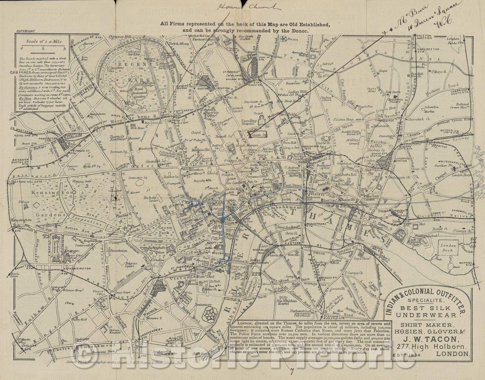 Historic Map : Map of London, and Places of Interest, Presented by Mr. Burr's, 10, 11, 12 Queen Square, W.C., Near the British Museum, London., 1885 , Vintage Wall Art