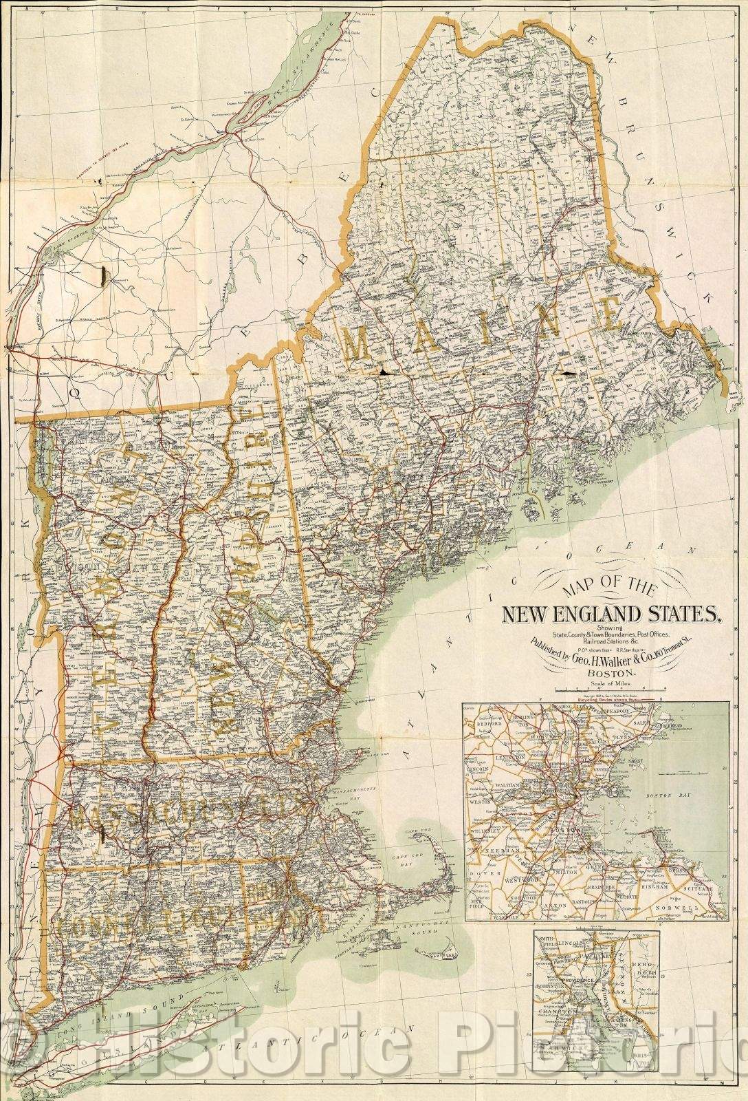 Historic Map : Map of the New England States, Showing State, County and Town Boundaries, Post Offices, Railroad Stations andc Published by Geo. H. Walker and Co., c. 1895 , Vintage Wall Art