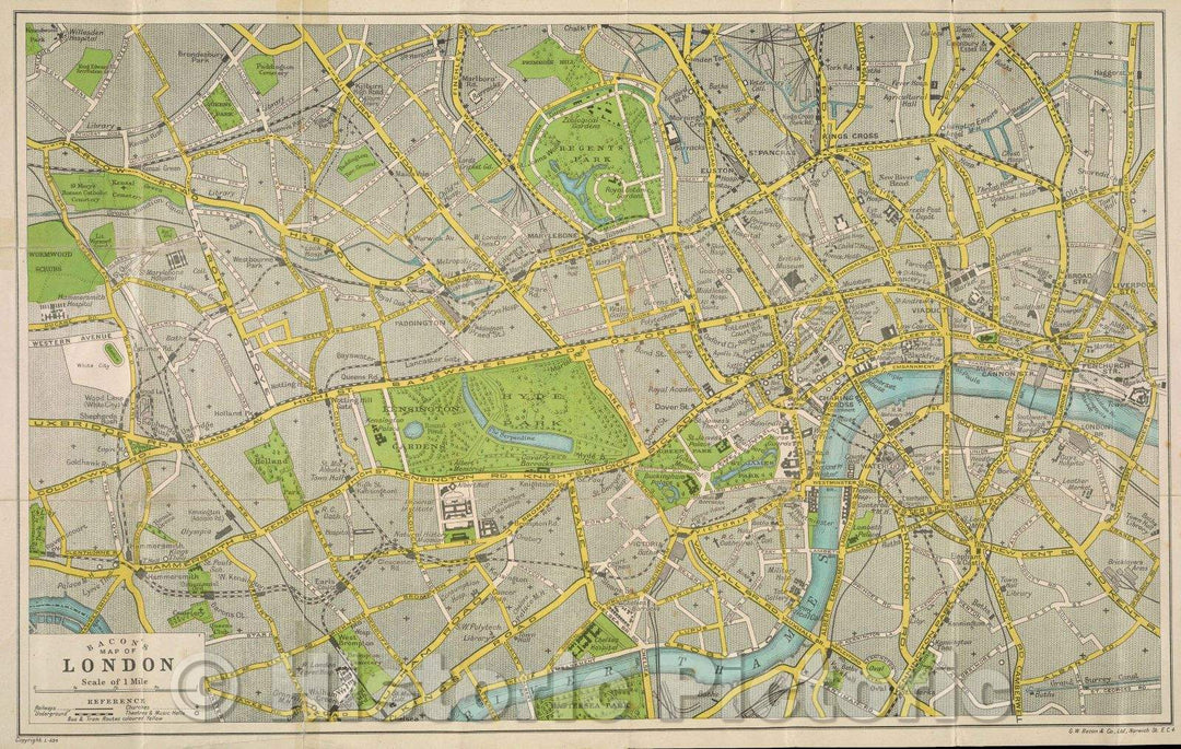 Historic Map : Bacon's Map of London, 1910 , Vintage Wall Art