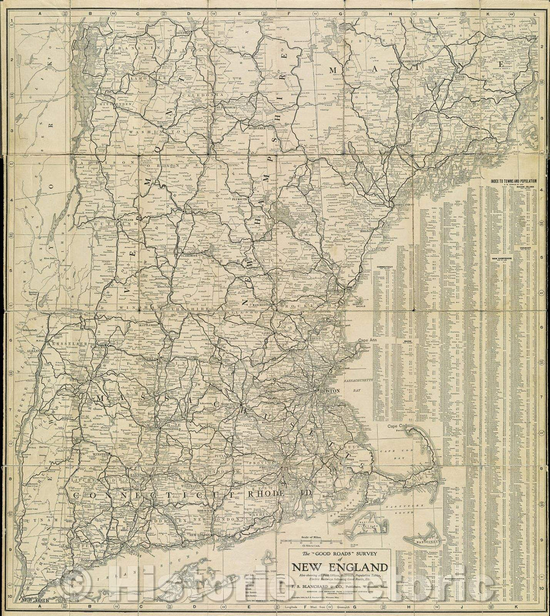 Historic Map : The Good Roads Survey of New England Also showing all Post Offices, Railroads, Population Tables, Electric Railways following Good Roads, Etc., 1905 , Vintage Wall Art