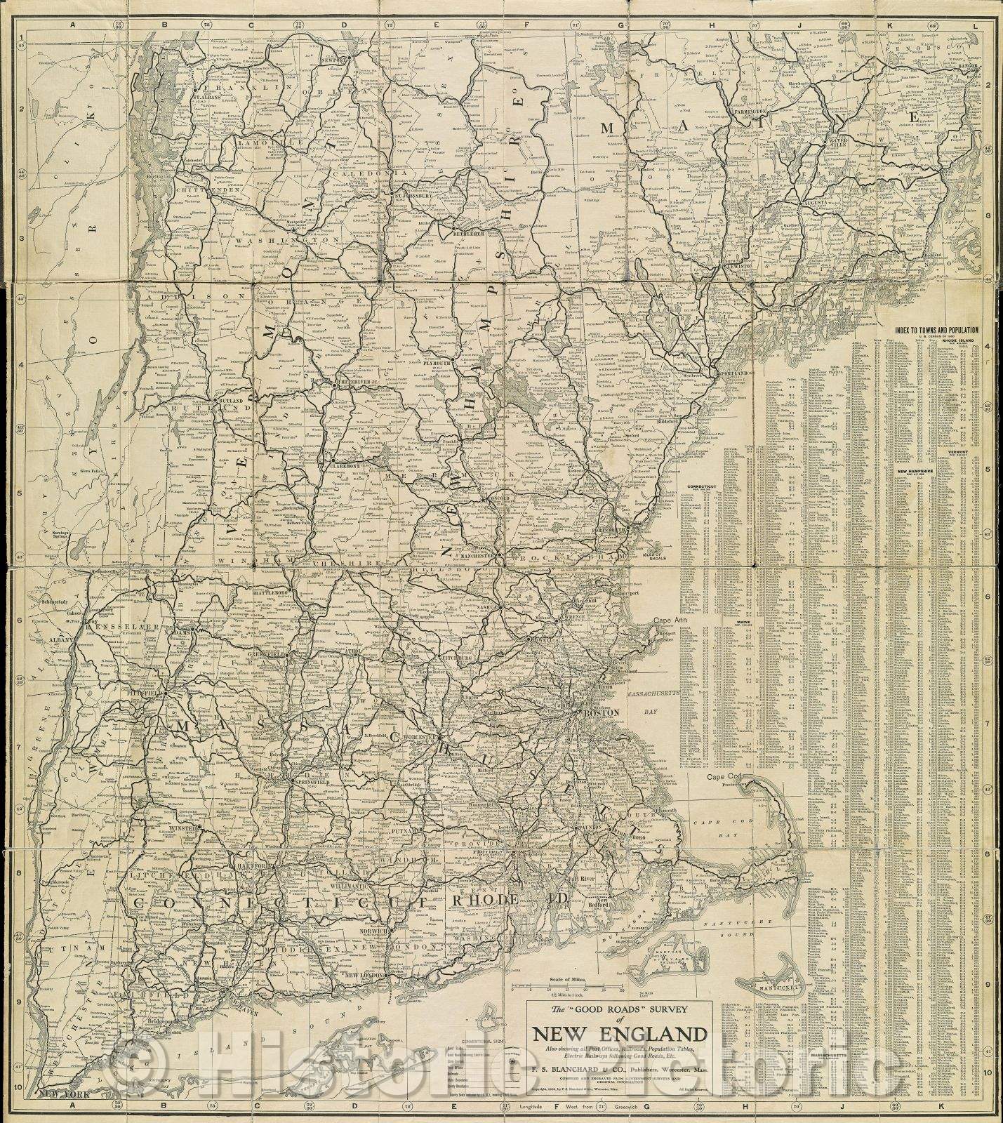 Historic Map : The Good Roads Survey of New England Also showing all Post Offices, Railroads, Population Tables, Electric Railways following Good Roads, Etc., 1905 , Vintage Wall Art