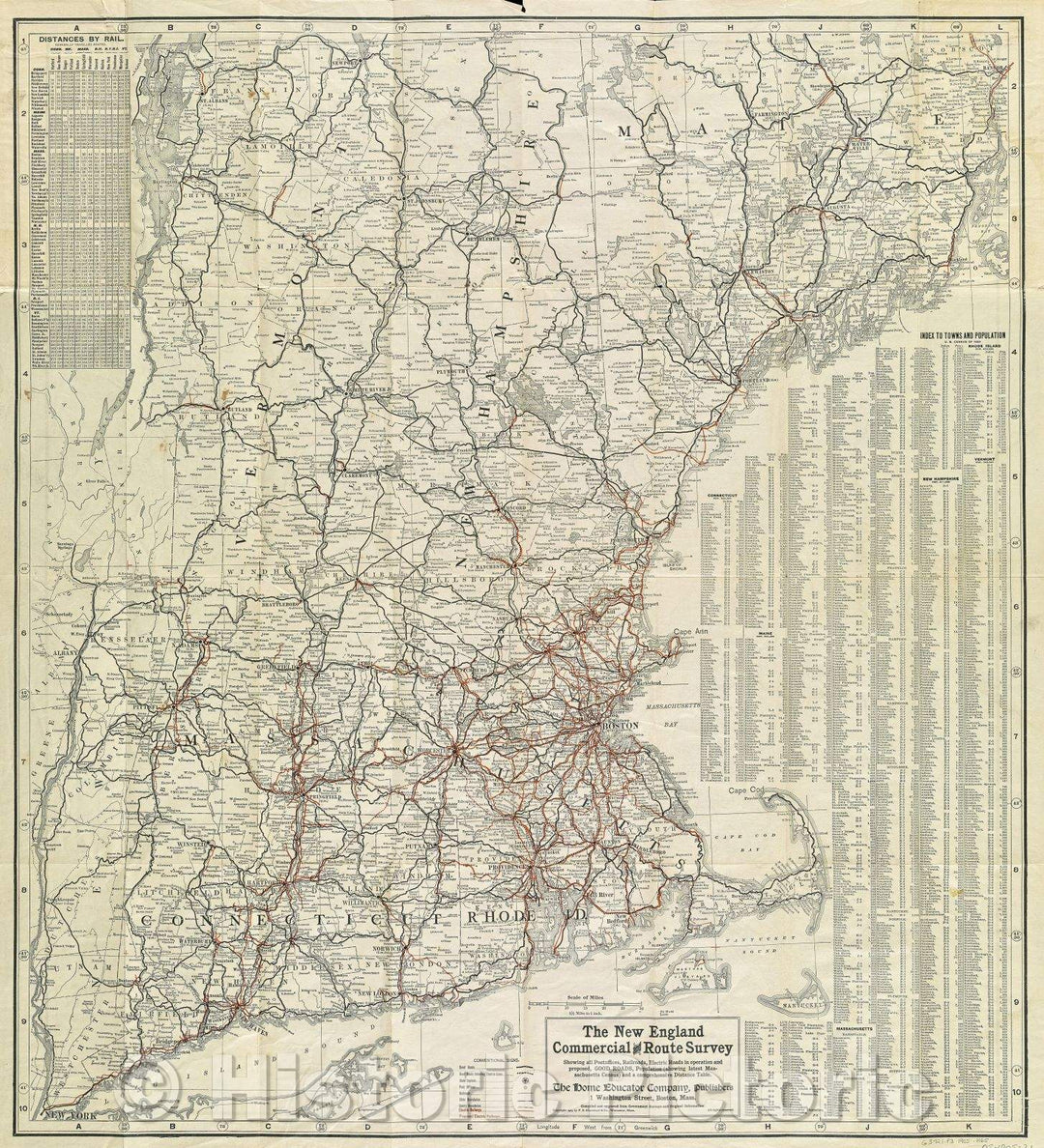 Historic Map : The New England Commercial and Route Survey Showing all Postoffices, Railroads, Electric Roads in operation and proposed, Good Roads, Population, 1905 , Vintage Wall Art , v3