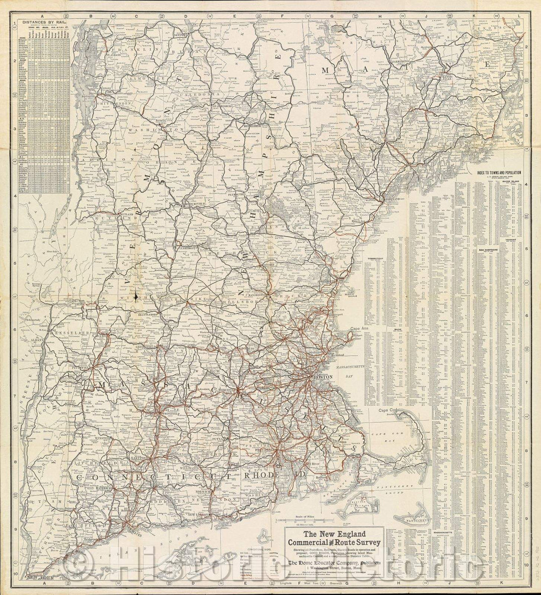 Historic Map : The New England Commercial and Route Survey Showing all Postoffices, Railroads, Electric Roads in operation and proposed, Good Roads, Population, 1905 , Vintage Wall Art , v2