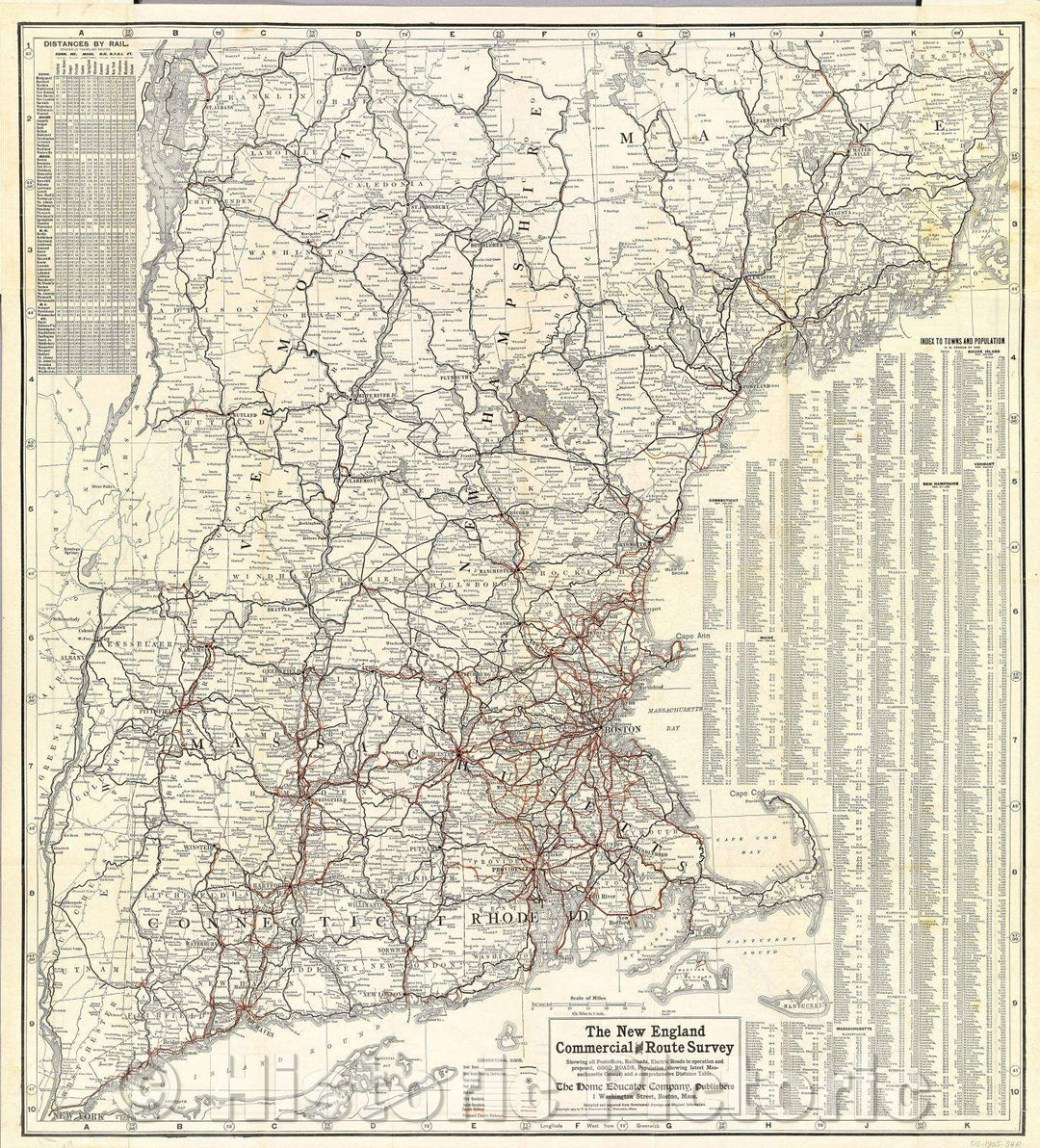 Historic Map : The New England Commercial and Route Survey Showing all Postoffices, Railroads, Electric Roads in operation and proposed, Good Roads, Population, 1905 , Vintage Wall Art