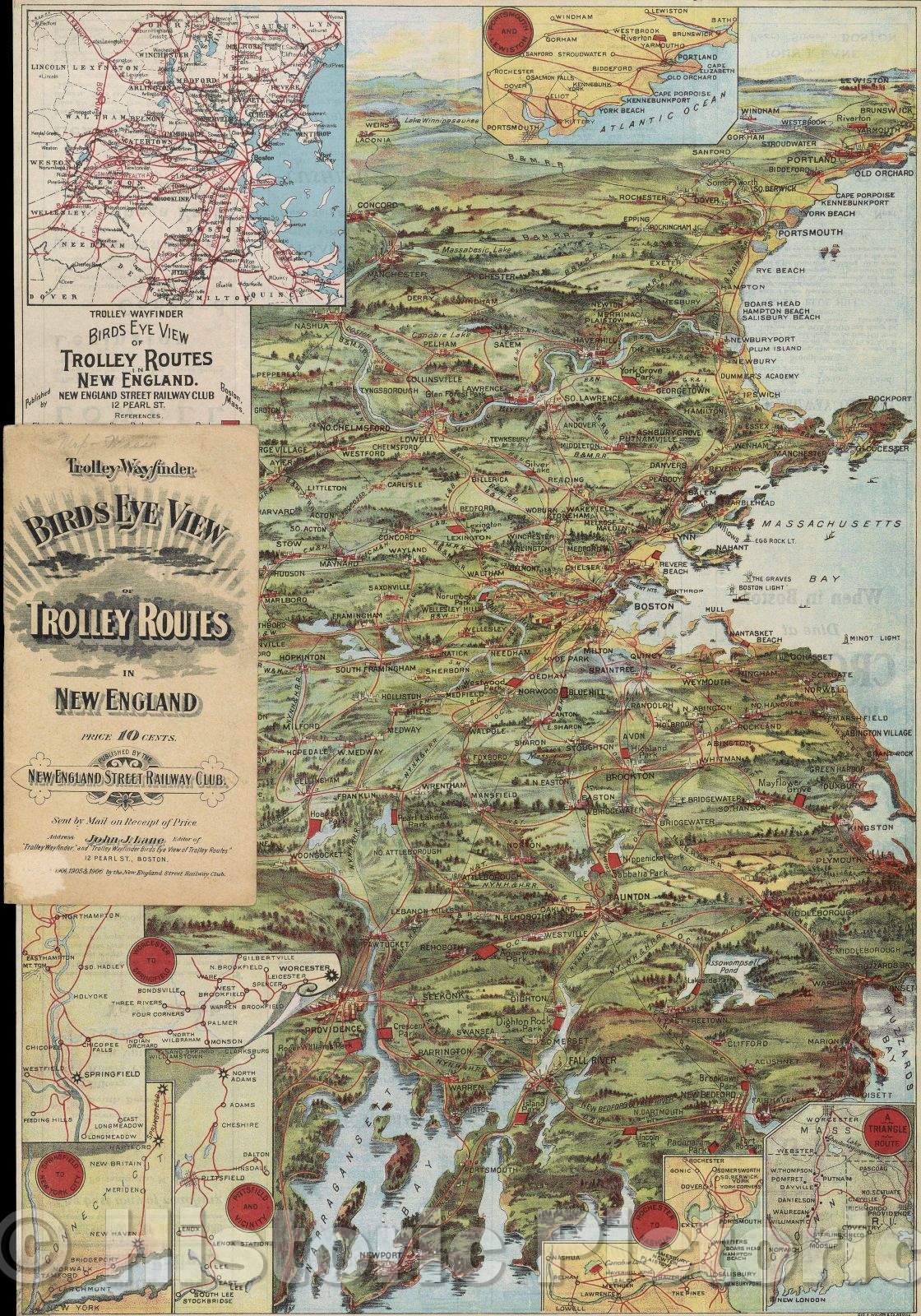 Historic Map : Trolley Wayfinder Birds Eye View of Trolley Routes in New England. Published by New England Street Railway Club.   Boston, Mass 12 Pearl St., c. 1905 , Vintage Wall Art