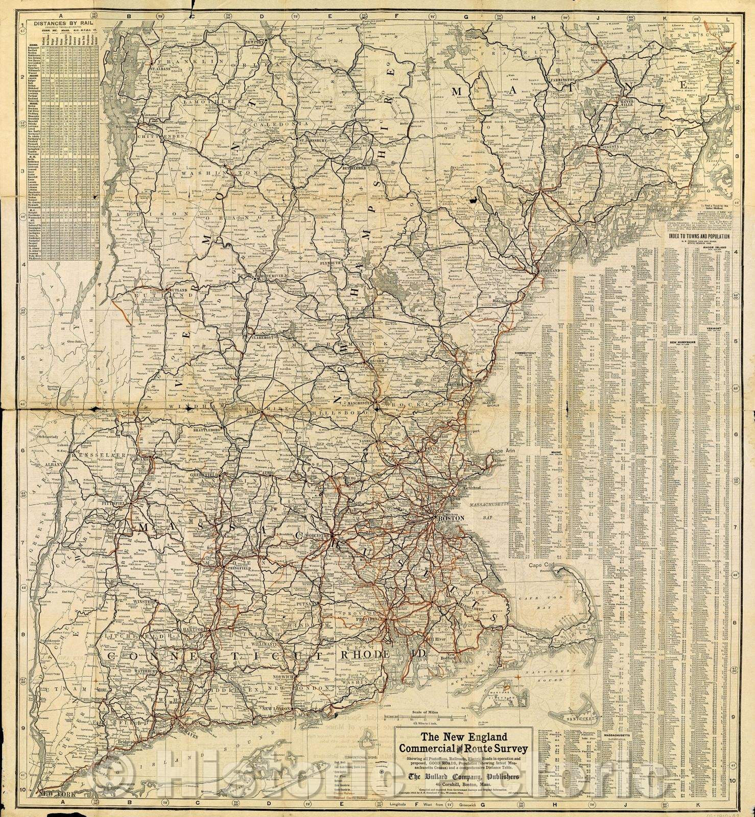 Historic Map : The New England Commercial and Route Survey Showing all Postoffices, Railroads, Electric Roads in operation and proposed, Good Roads, Population, 1910 , Vintage Wall Art