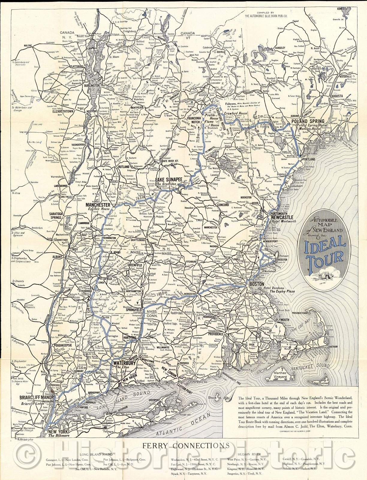 Historic Map : Automobile Map of New England showing the Ideal Tour., 1917 , Vintage Wall Art