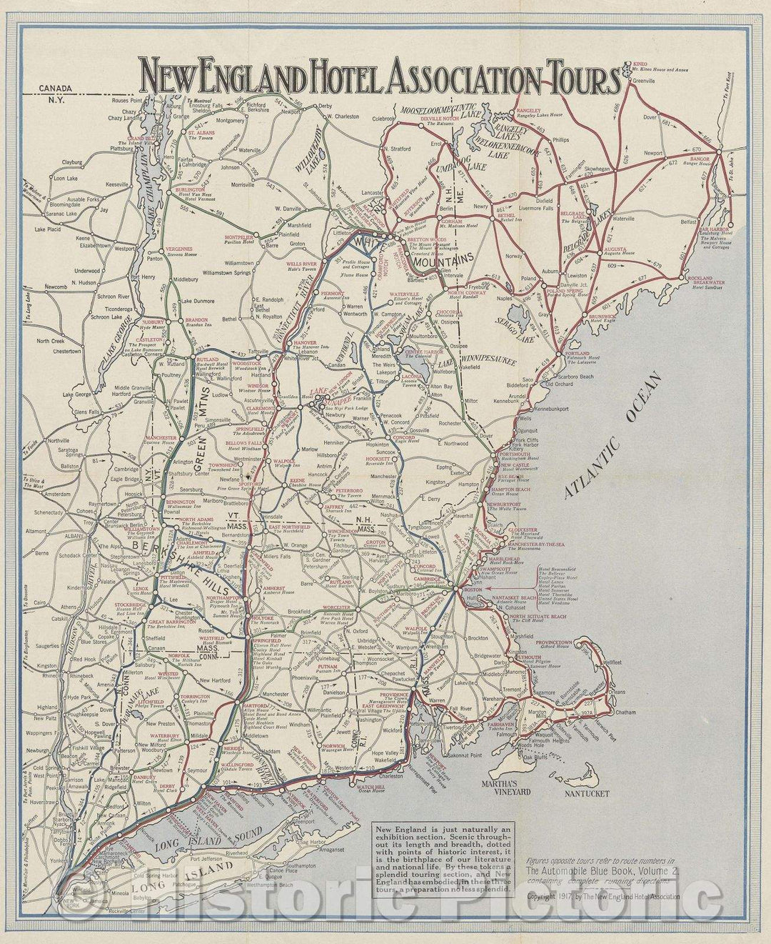 Historic Map : New England Hotel Association Tours, 1917 , Vintage Wall Art