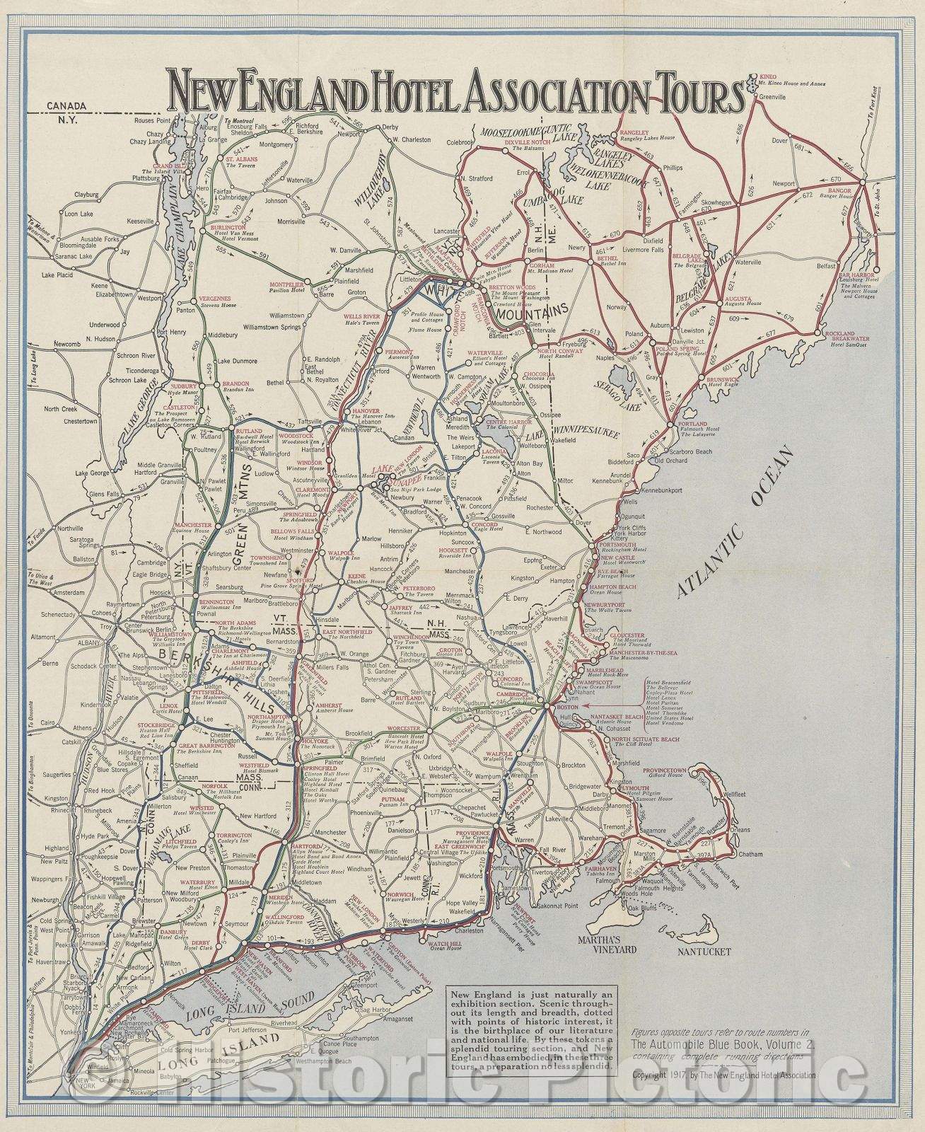 Historic Map : New England Hotel Association Tours, 1917 , Vintage Wall Art