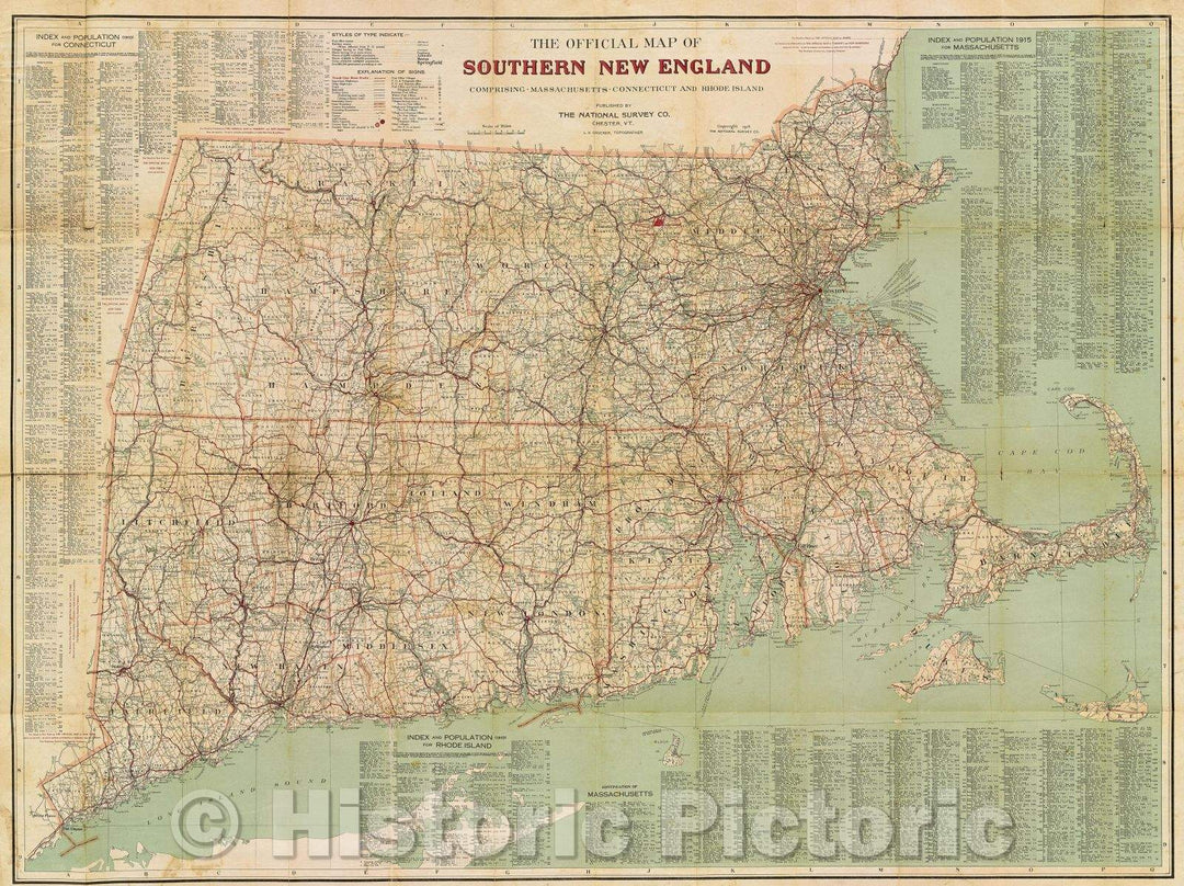 Historic Map : The Official Map of Southern New England comprising Massachusetts Connecticut and Rhode Island Published by the National Survey, 1918 , Vintage Wall Art