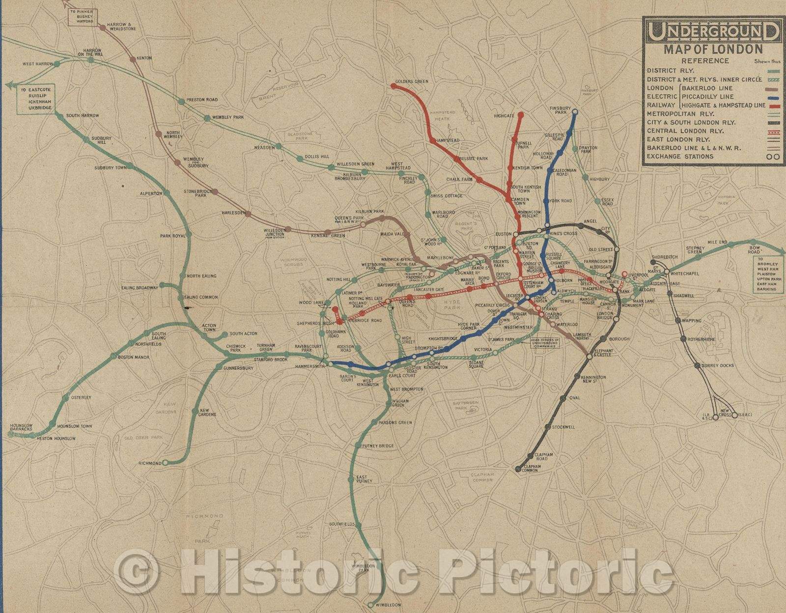 Historic Map : Underground Map of London, 1919 , Vintage Wall Art