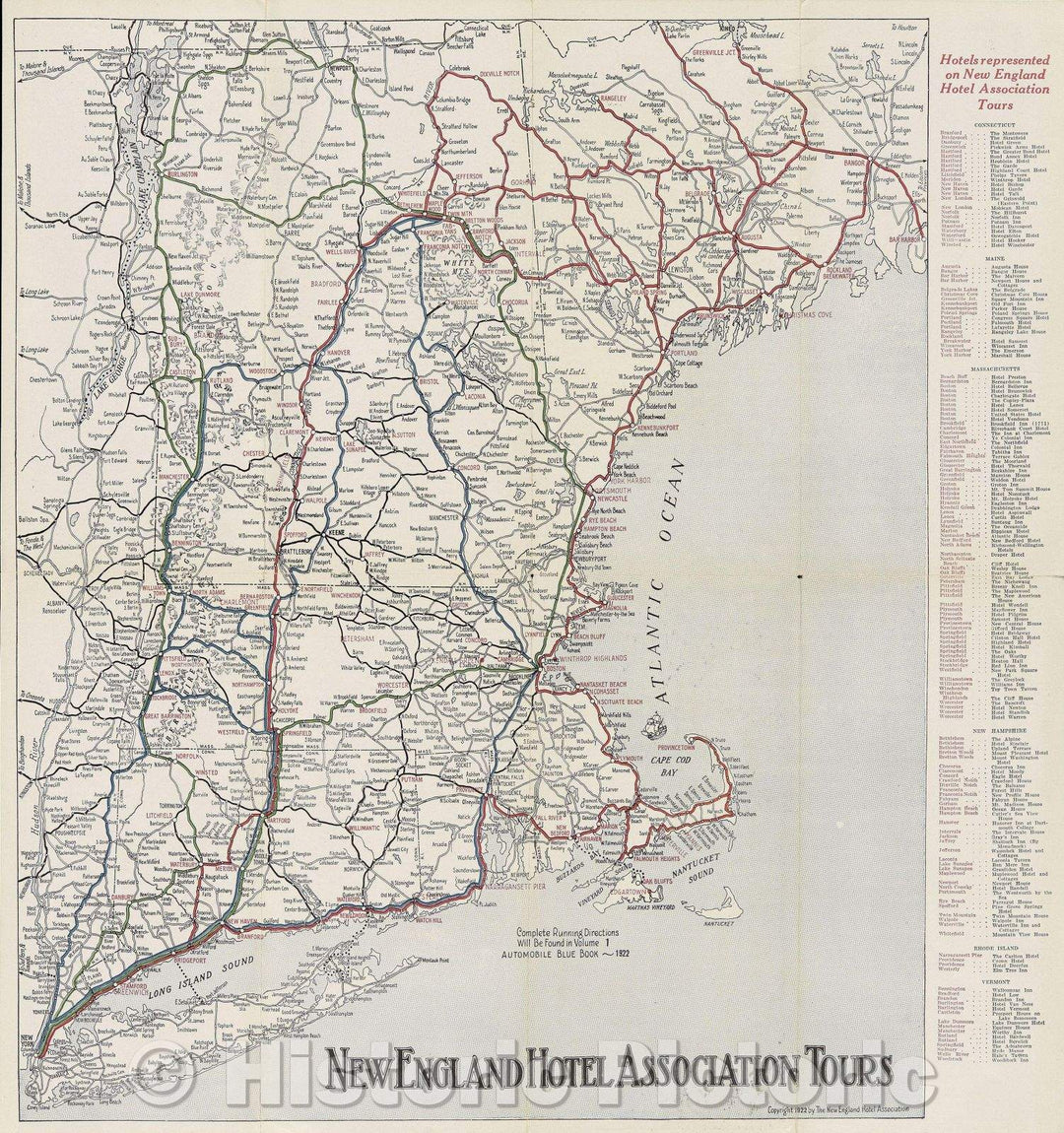 Historic Map : New England Hotel Association Tours, 1922 , Vintage Wall Art