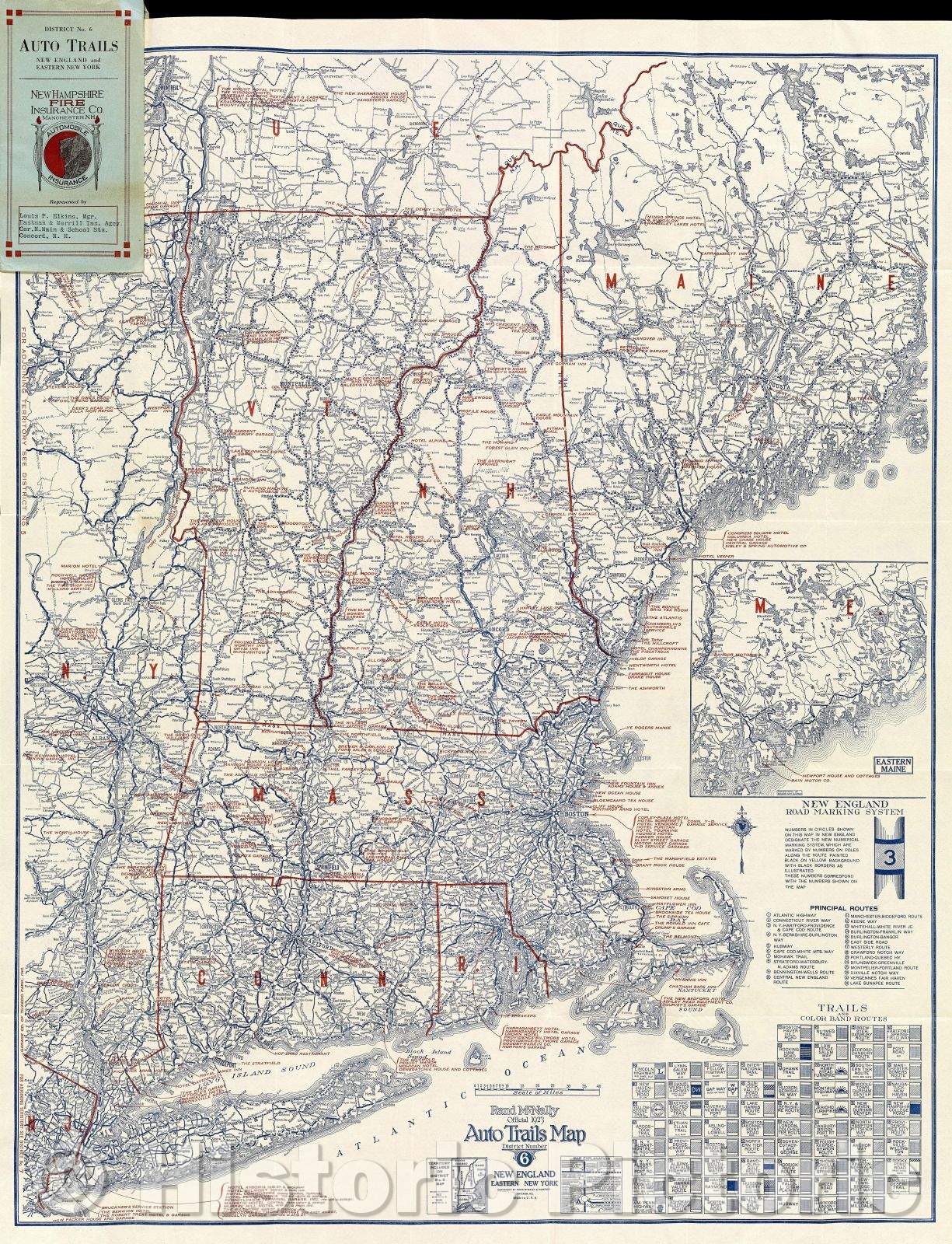 Historic Map : Rand McNally Official 1923 Auto Trails Map District Number 6 New England Eastern New York, 1923 , Vintage Wall Art