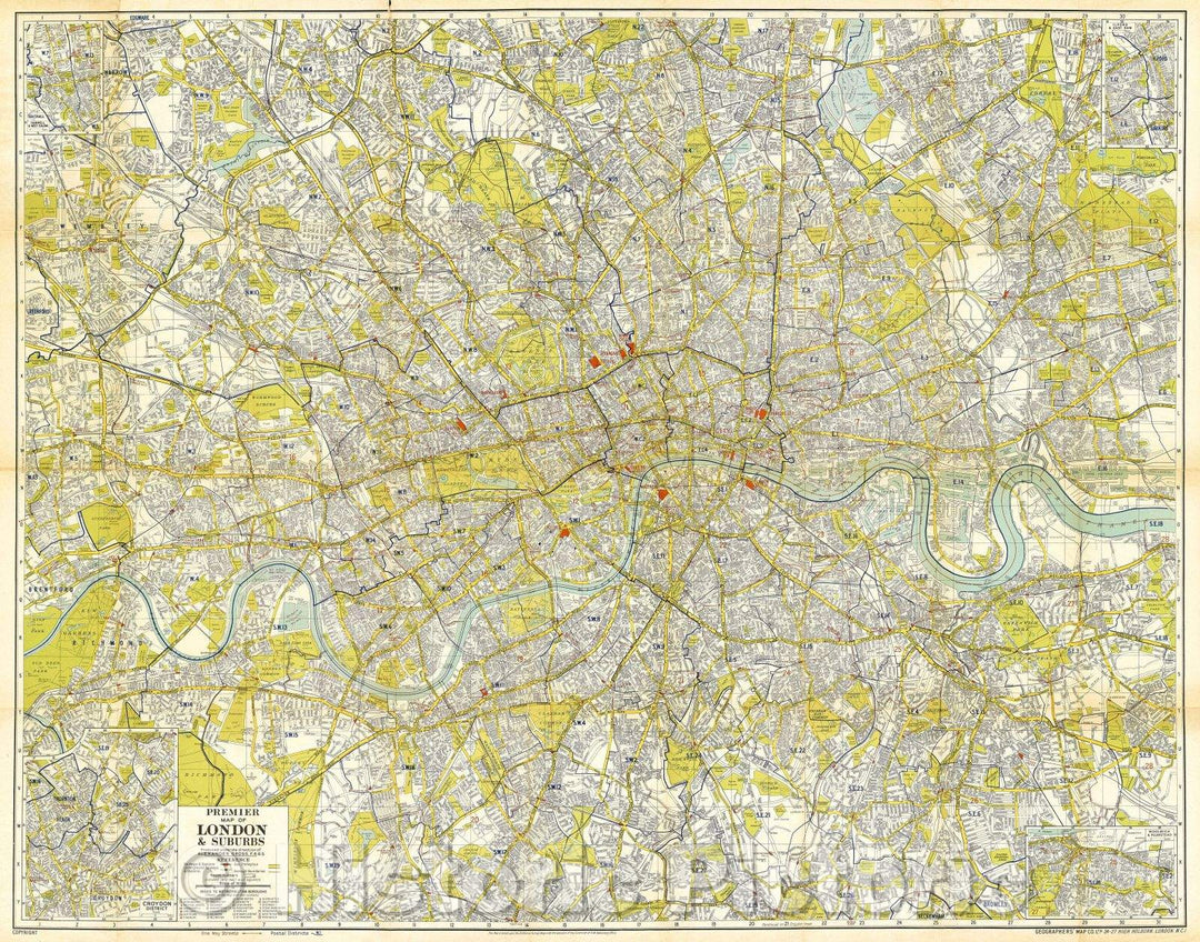 Historic Map : Premier Map of London and Suburbs , F.R.G.S., 1928 , Vintage Wall Art