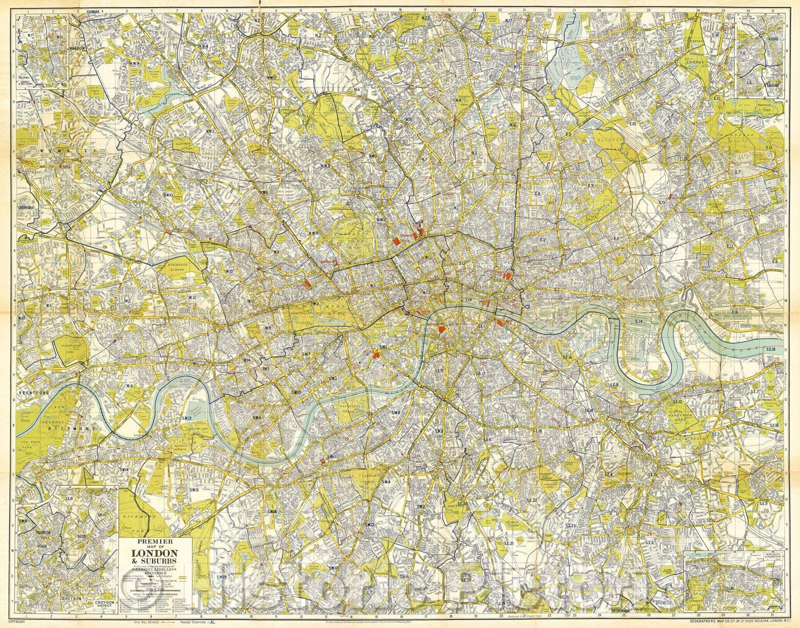 Historic Map : Premier Map of London and Suburbs , F.R.G.S., 1928 , Vintage Wall Art