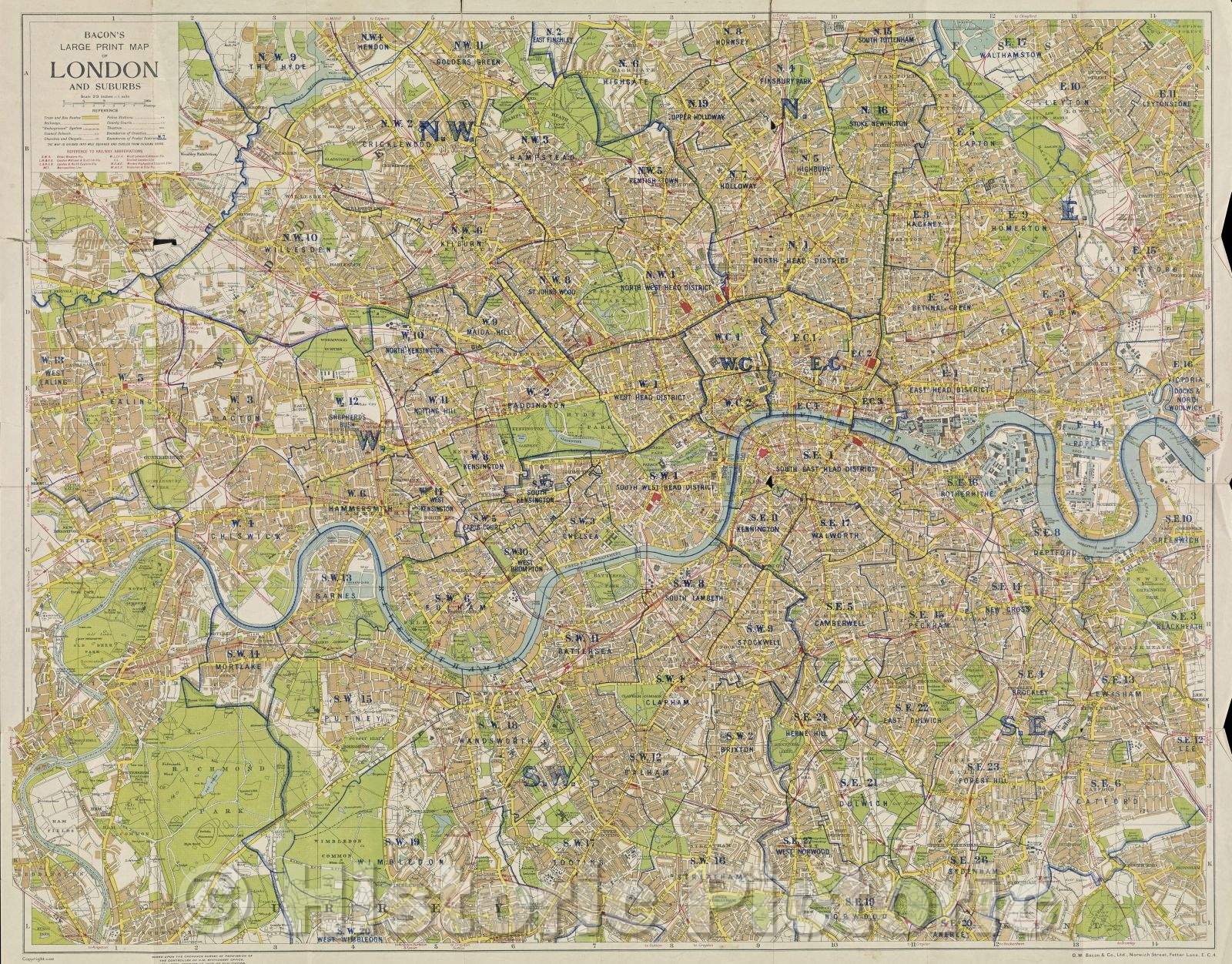 Historic Map : Bacon's New Large Print Map of London and Suburbs : extending from Highgate to Crystal Palace Twickenham to Greenwich, 1934 , Vintage Wall Art