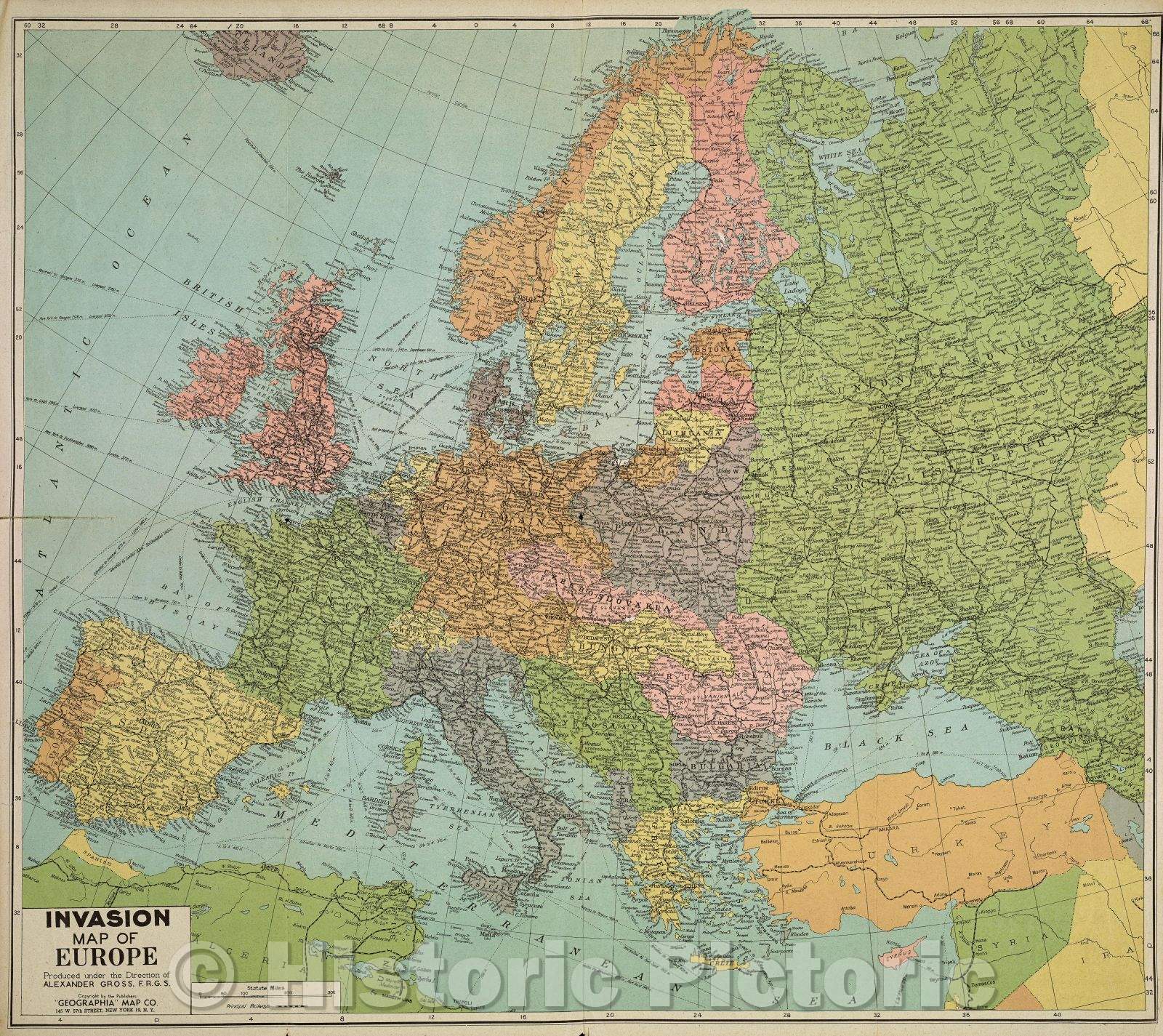 Historic Map : Invasion Map of Europe  Produced under the Direction of Alexander Gross, F.R.G.S., 1943 , Vintage Wall Art