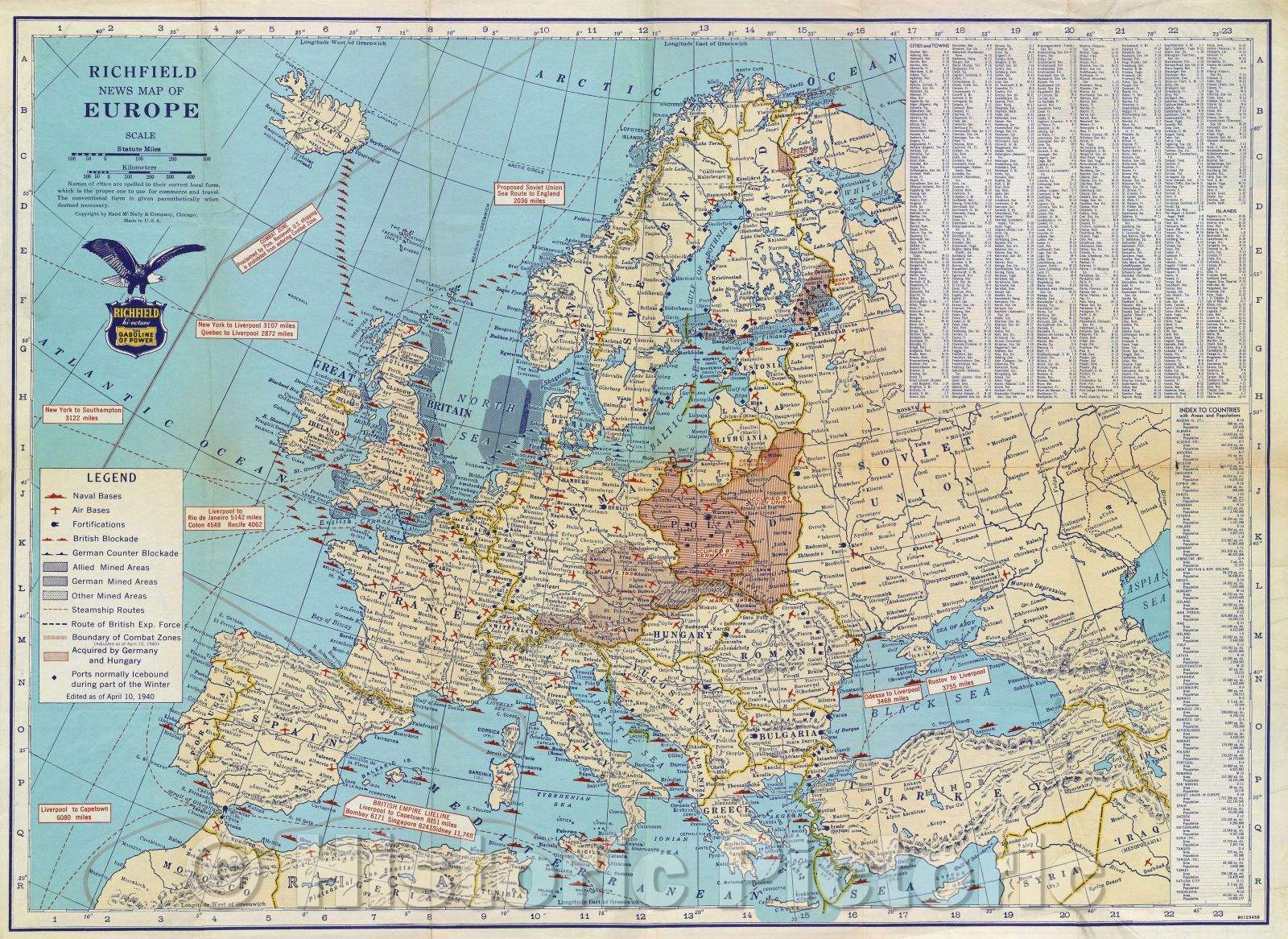 Historic Map : Richfield News Map of Europe, 1940 , Vintage Wall Art