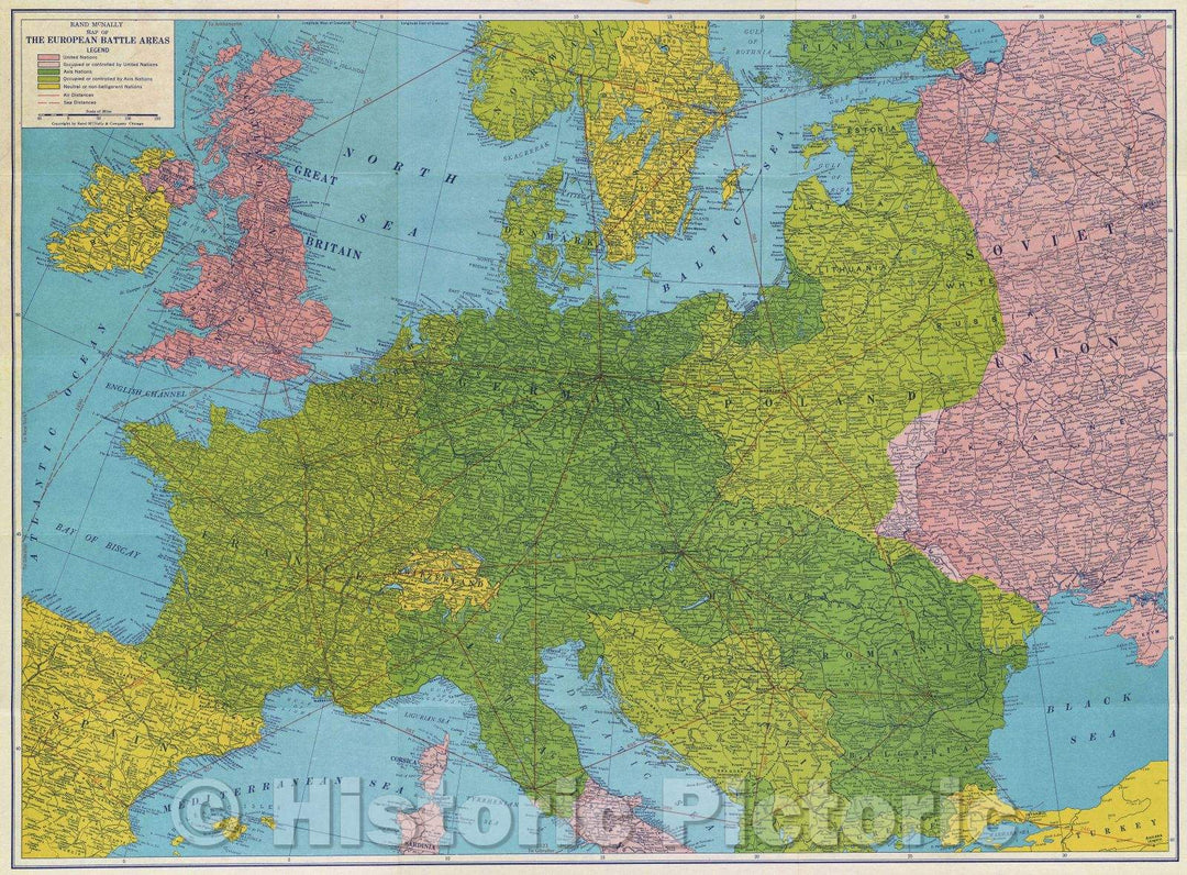 Historic Map : Rand McNally Map of the European Battle Areas, 1944 , Vintage Wall Art