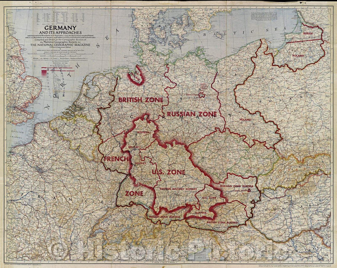 Historic Map : Germany and Its Approaches with International Boundaries as of September 1, 1939, the day Germany invaded Poland and, in red, 1945 , Vintage Wall Art