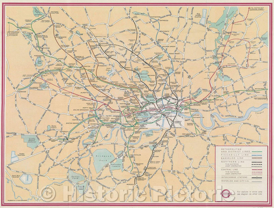 Historic Map : Underground Map and Some Places of Interest - Issued Free No. 1, 1947 London Passenger Transport Board 55 Broadway, S.W.I. Abbey 1234, c. 1947 , Vintage Wall Art