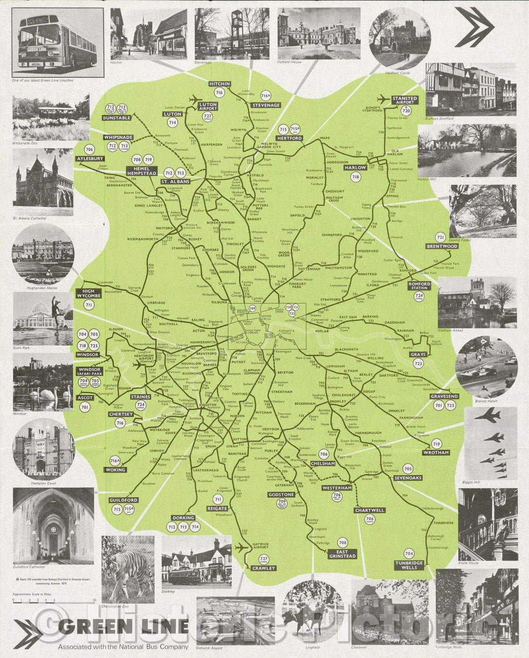 Historic Map : London Town Coach Stops and Places of Interest in the Capital, 1974 , Vintage Wall Art