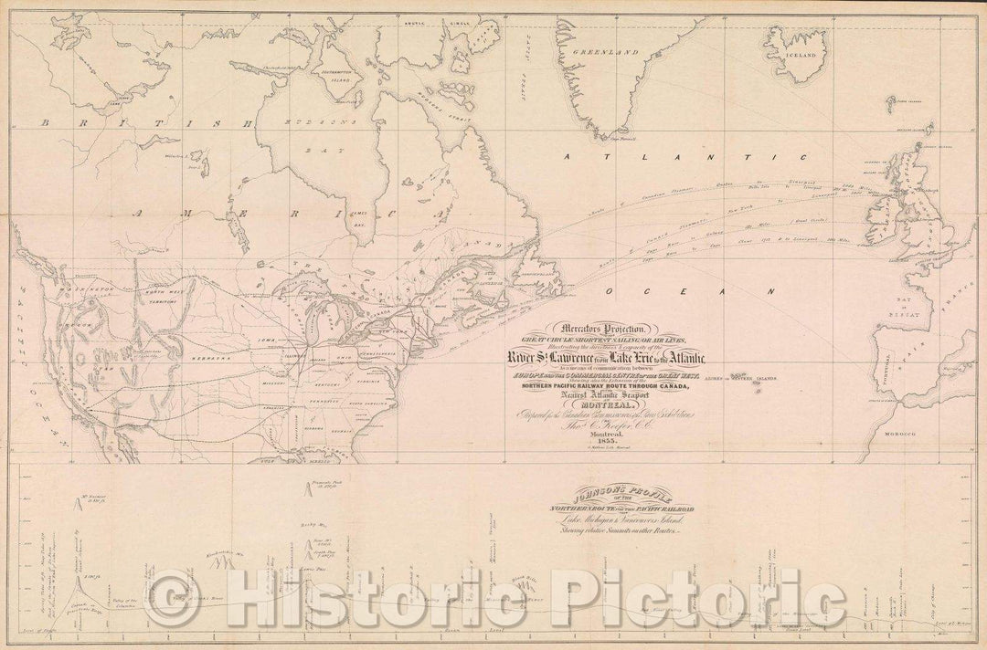 Historic Map : Mercator's Projection. With the Great Circle, Shortest Sailing or Air Lines, Illustrating the directness and capacity of the River St. Lawrence, 1855 , Vintage Wall Art