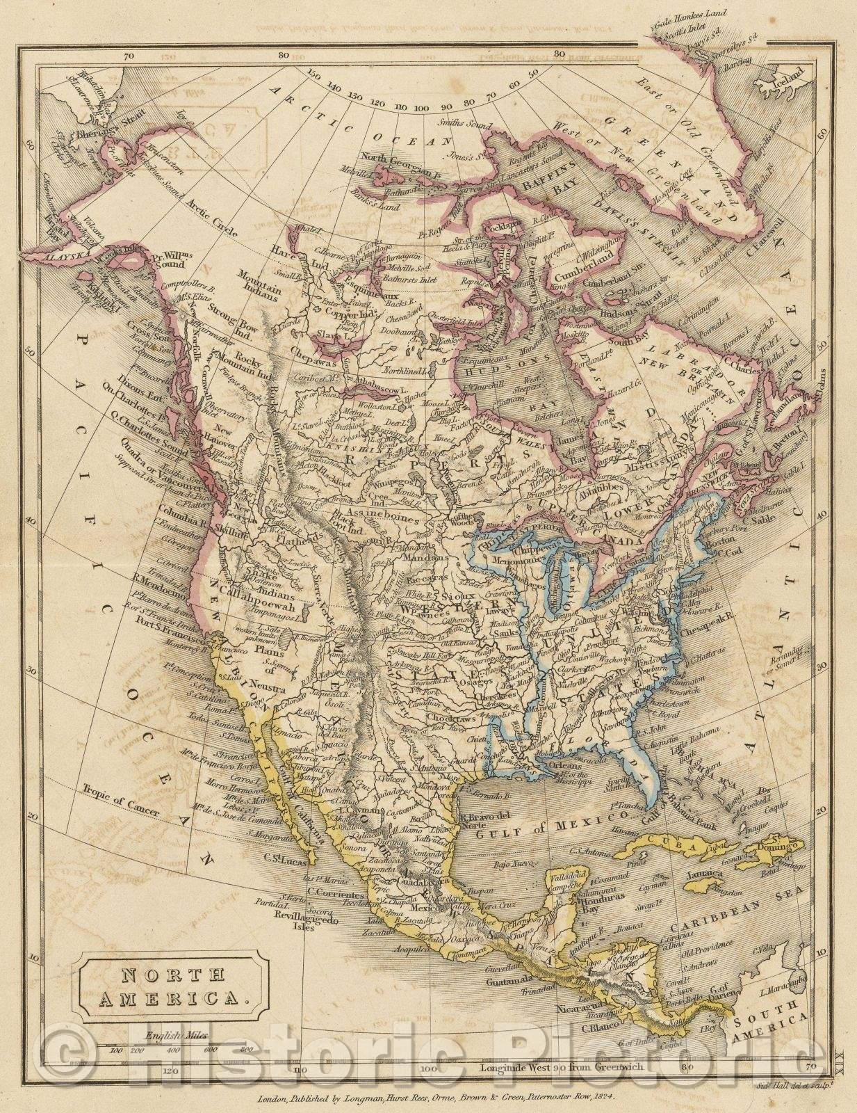 Historic Map : North America, 1824 , Vintage Wall Art